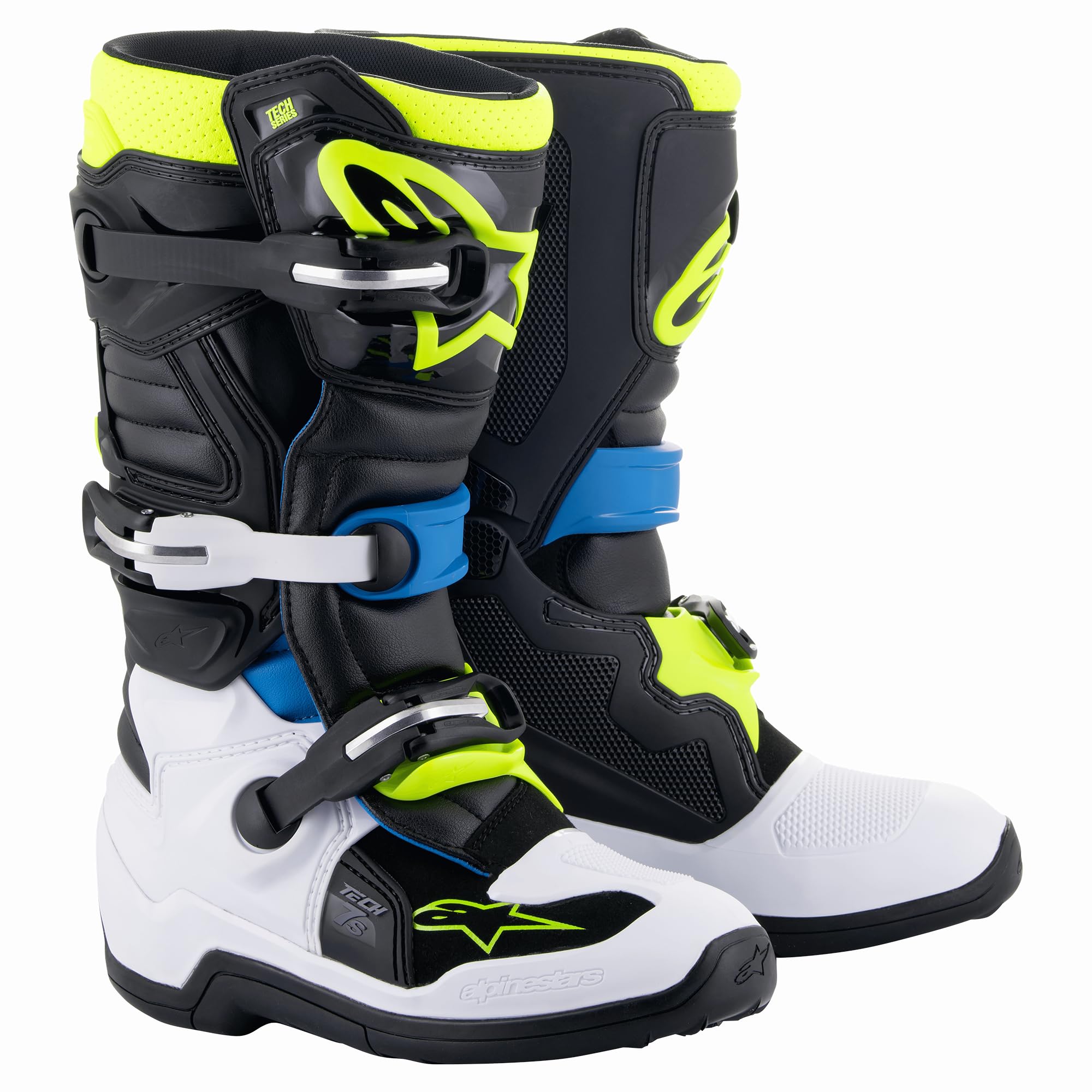 Alpinestars Tech 7S Youth MX Boots (Black/Enamel Blue/Fluo Yellow, 7)