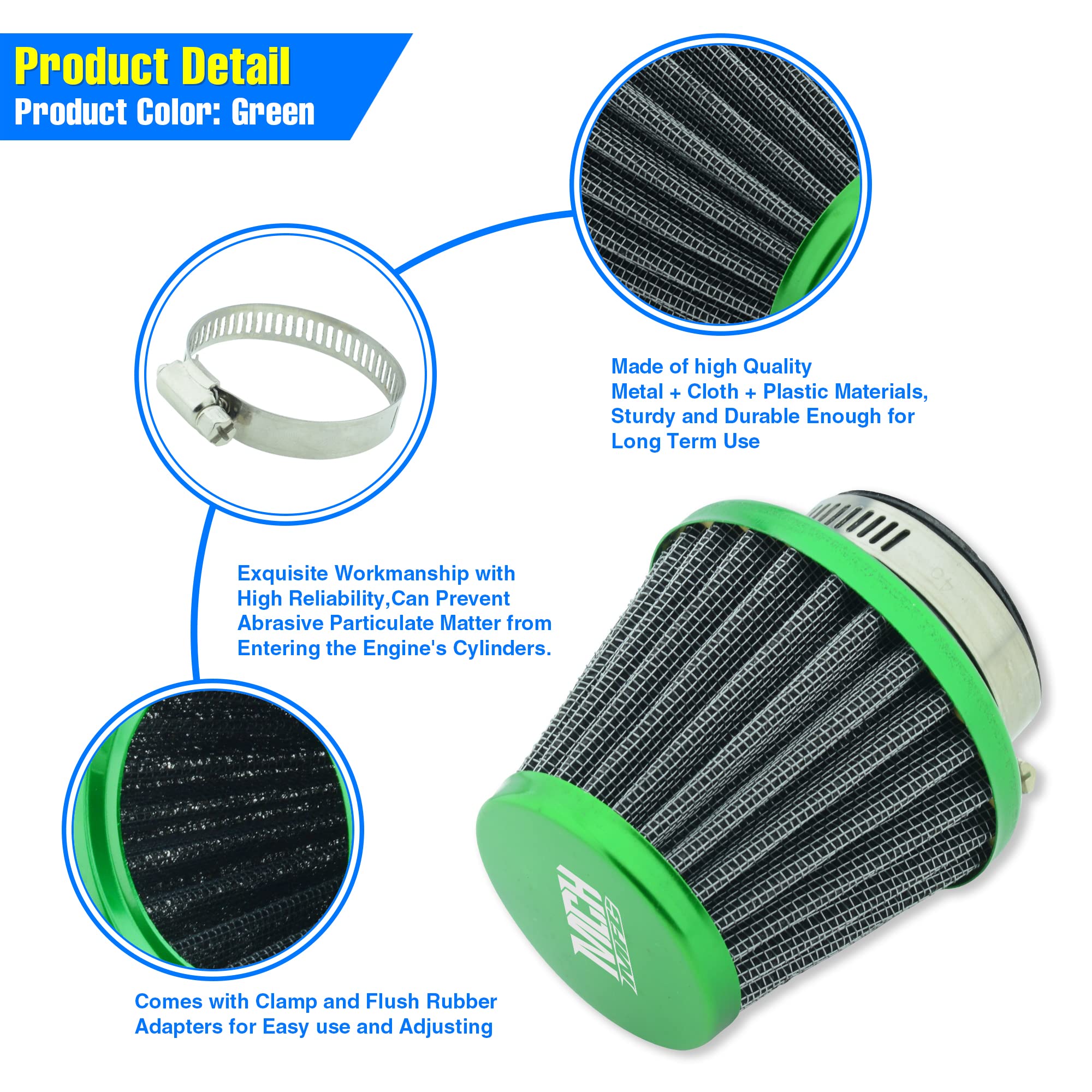 MCHMFG Motorcycle Air Filter 38mm for SSR 110cc 125cc Coolster CRF Dirt Pit Bike GY6 50cc Scooter Moped QMB139 Engine Parts (Gre