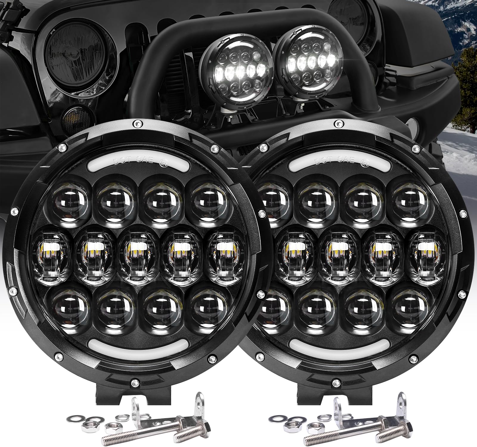 Audexen Led Work Lights, 7 Inch 105W Round Spot Led Pods Light Bar High/Low Beam Drl With Adjustable Mounting Bracket Compatible