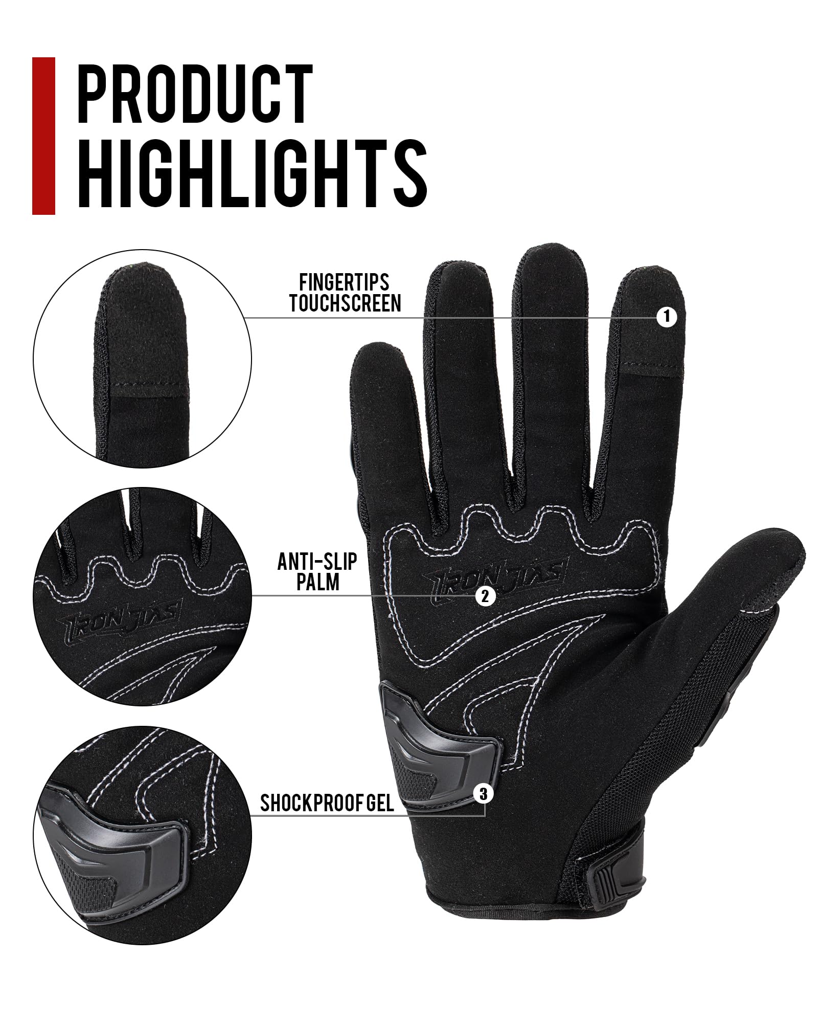 Iron Jia'S Motorcycle Gloves Full Finger Durable For Road Racing Bike Summer Spring Powersports Support Touch Screen Black-Xl