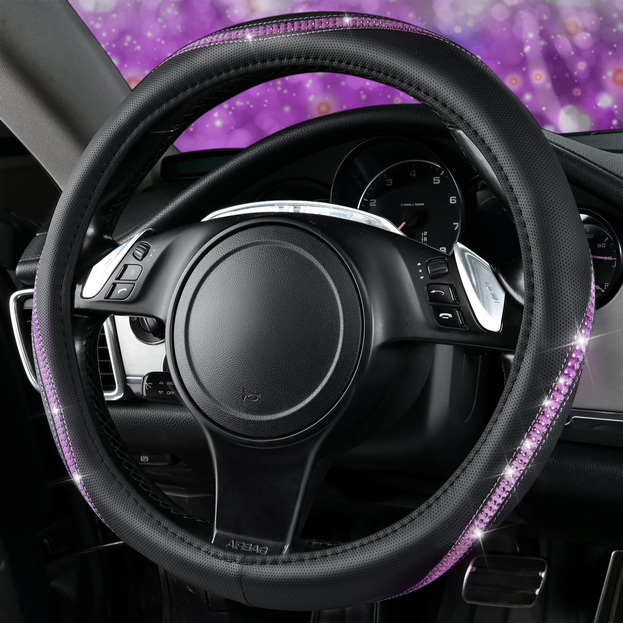 CAR PASS Bling Diamond Leather Steering Wheel Cover, Crystal Rhinestones, Universal Fit 14.5"-15", Purple Diamond