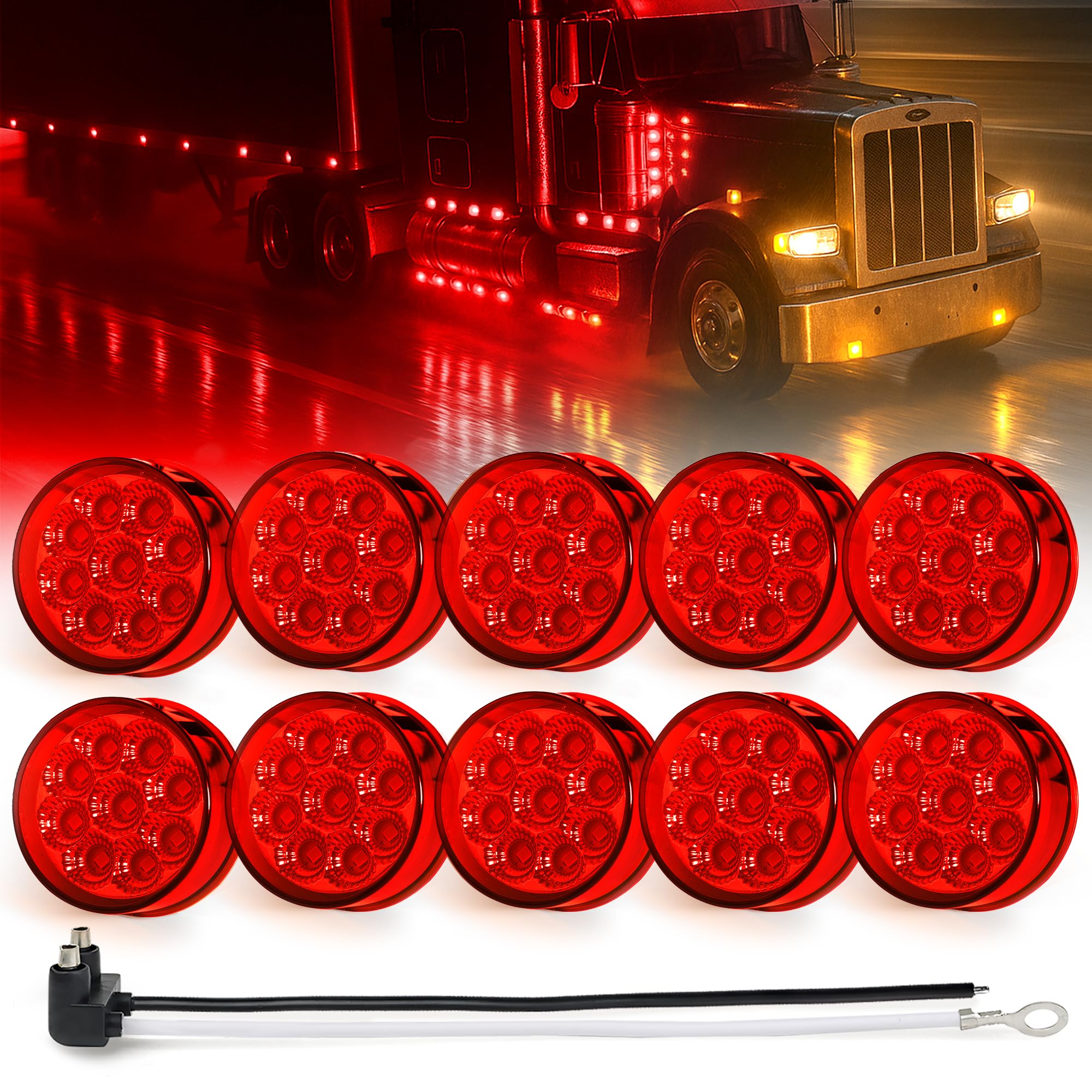 MADCATZ 10Pcs 2 Inch Round Red LED Side Marker Lights 9LEDs Reflectors with 2 Prong Pigtail Sealed Waterproof 12V for Truck Trai