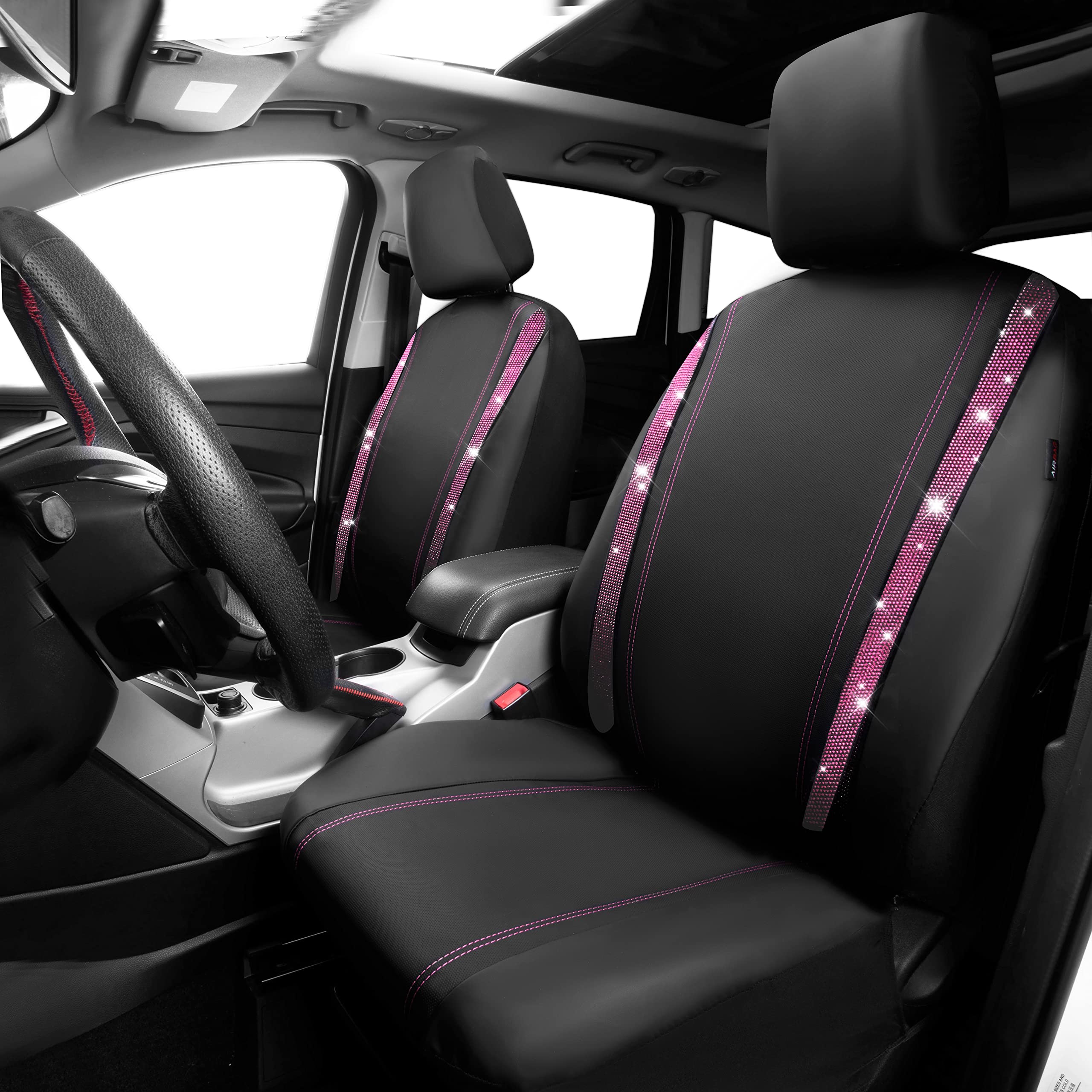 Car Pass Leather Diamond Bling Car Seat Covers 2 Front Interior Sets, Waterproof Universal Shining Glitter Crystal Sparkle Fit F