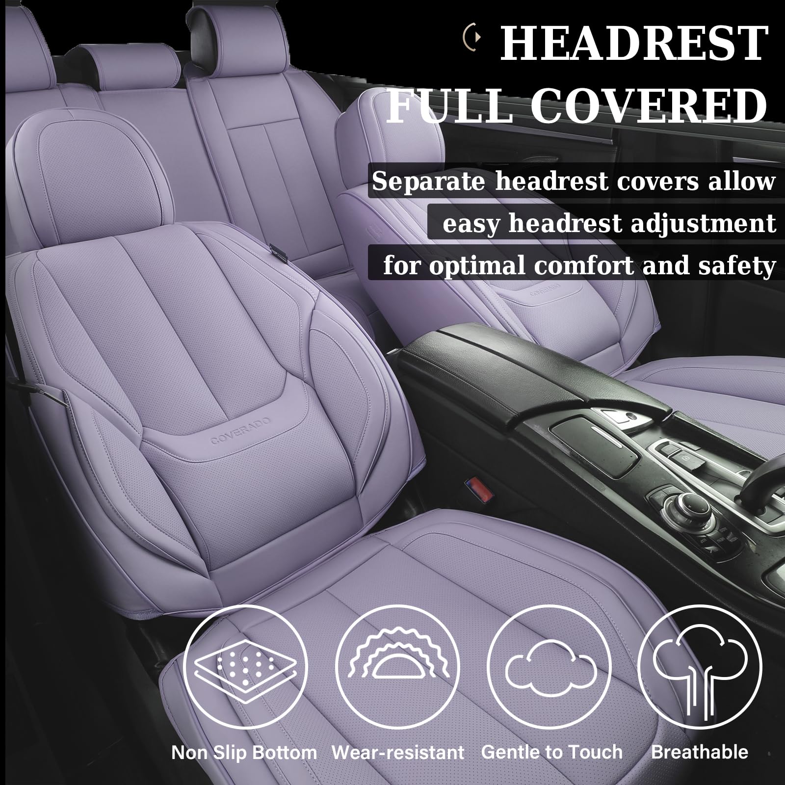 Coverado Car Seat Covers Full Set, Waterproof Leather, Universal Fit, Purple, Model 8805PU