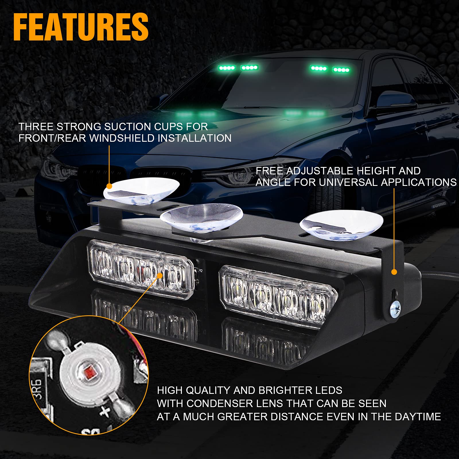 XRIDONSEN 2 in 1 Green Emergency Dash Strobe Lights, 16 LED, 2x7.16 inch, Suction Cups for Police Vehicles, Trucks
