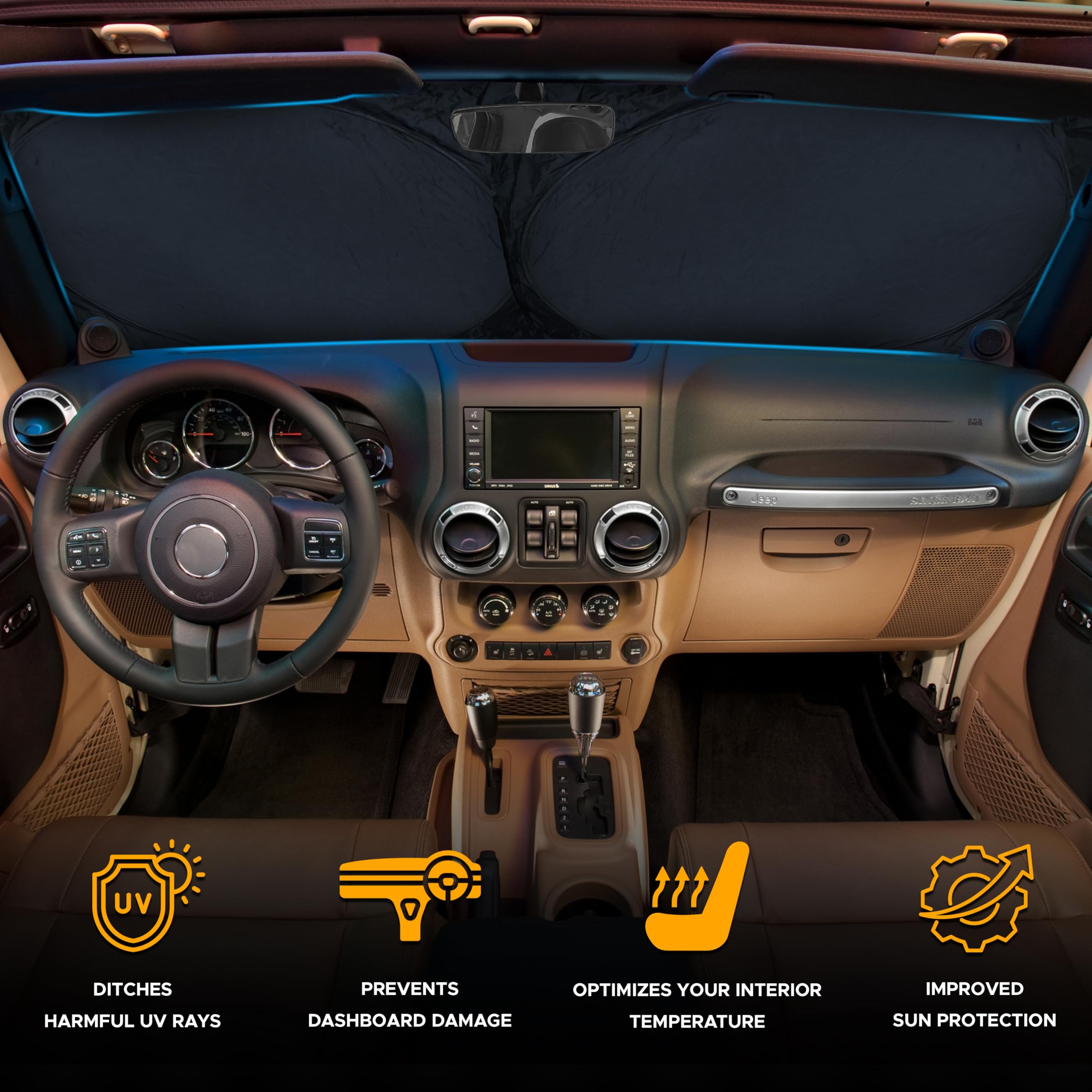Econour Jeep Windshield Sunshade | Sun Visor For Uv Rays & Heat Protection | Suitable For Wrangler, Compass, Gladiator & Renegad