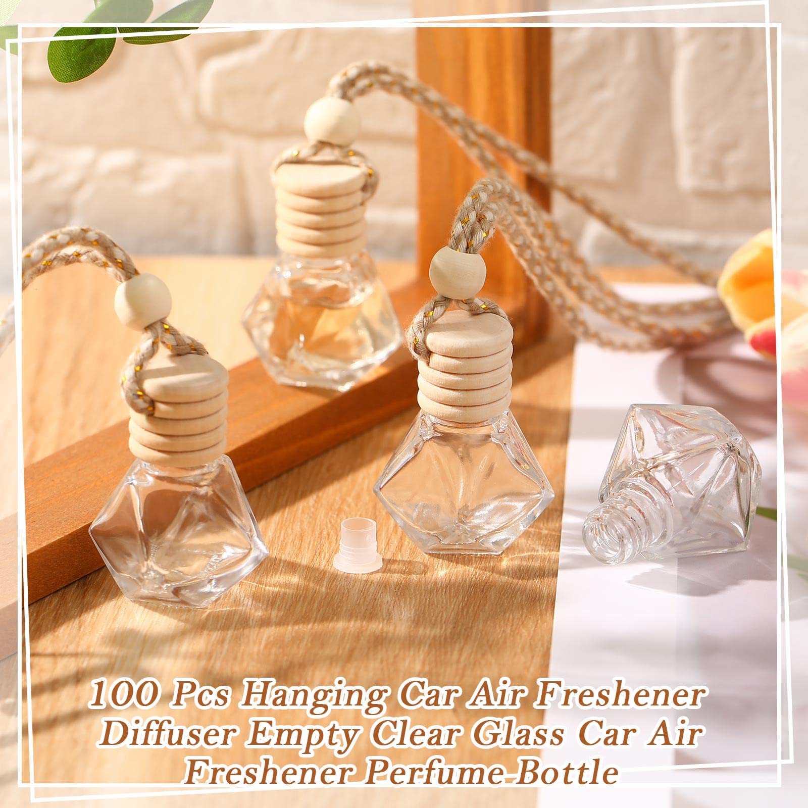 Rtteri 100 Pcs Car Air Freshener Hanging Bottle Empty Glass Perfume Diffuser Bottles Refillable Car Air Freshener Pendant Aromatherapy Fragrance Vials Ornament(Diamond)
