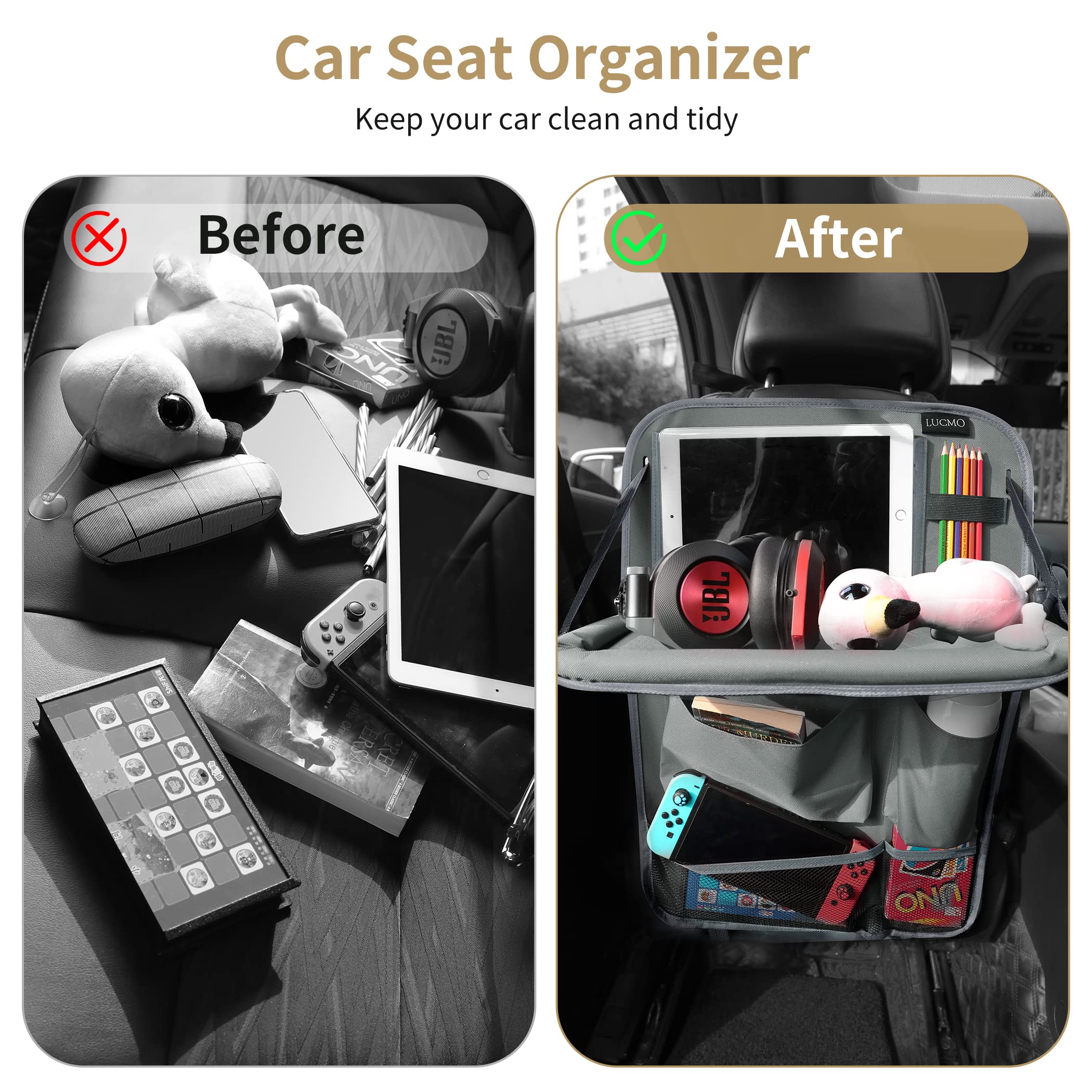 LUCMO Car Backseat Organizer with Tablet Holder & Food Tray, 6 Pockets, Grey, Model LCS-GRT3P, Durable Polyester Travel Accessory