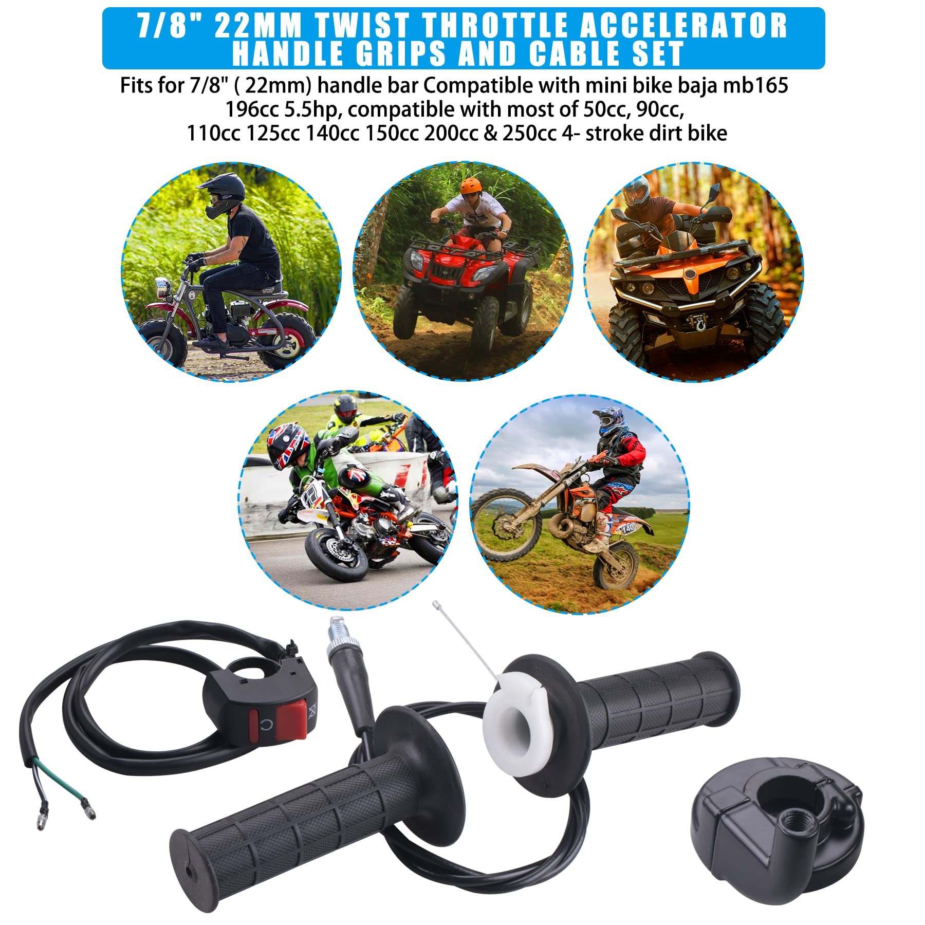 JINGKE 7/8'' 22mm Twist Throttle Accelerator Handle Grips and Cable Set for 50cc 110cc 150cc 250cc Mini Bike ATV Quad Pit Bike D