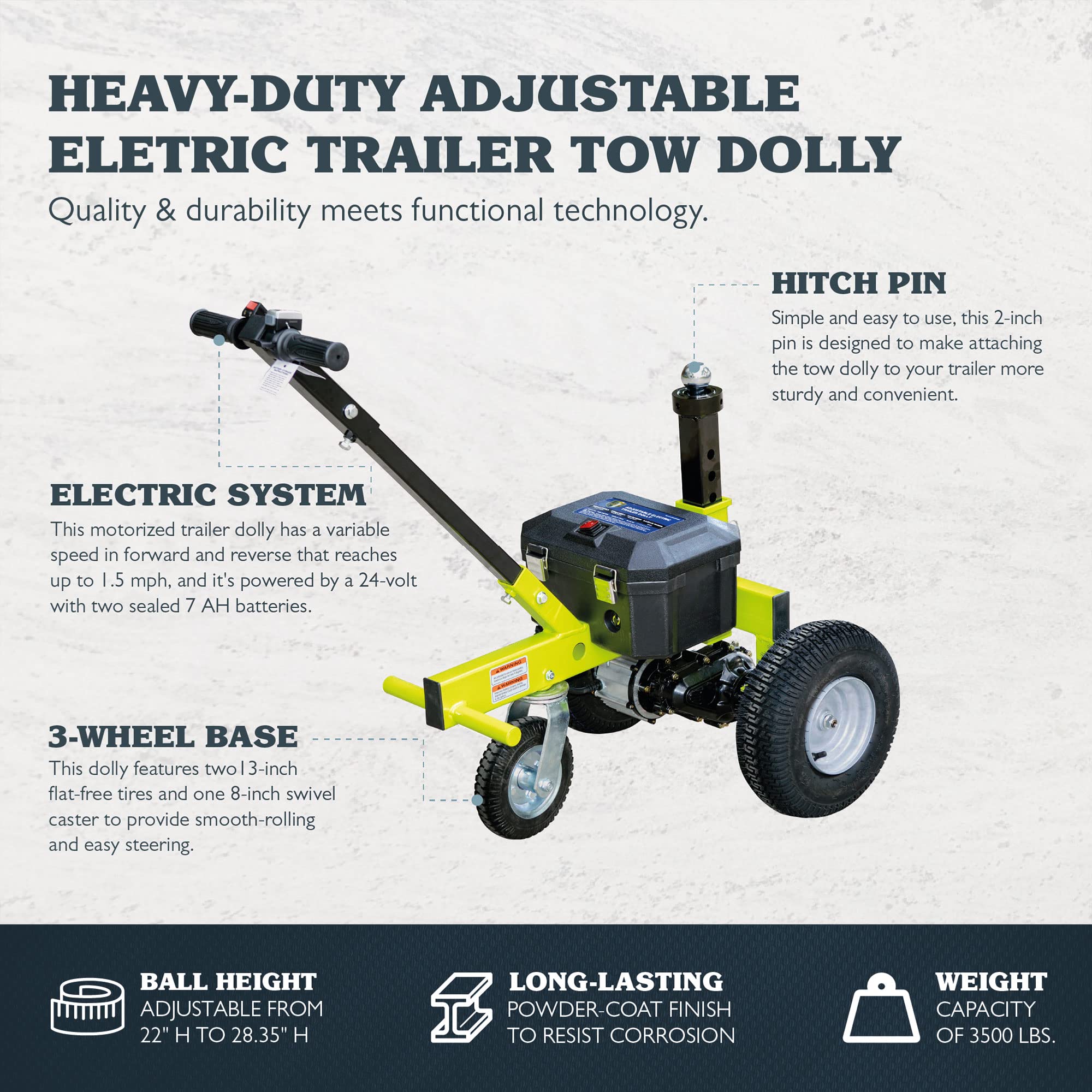 Tow Tuff Utility Trailer Dolly, 3500 lb Capacity, Adjustable Ball Hitch, Green, Model TMD-35ETD8, Alloy Steel Construction