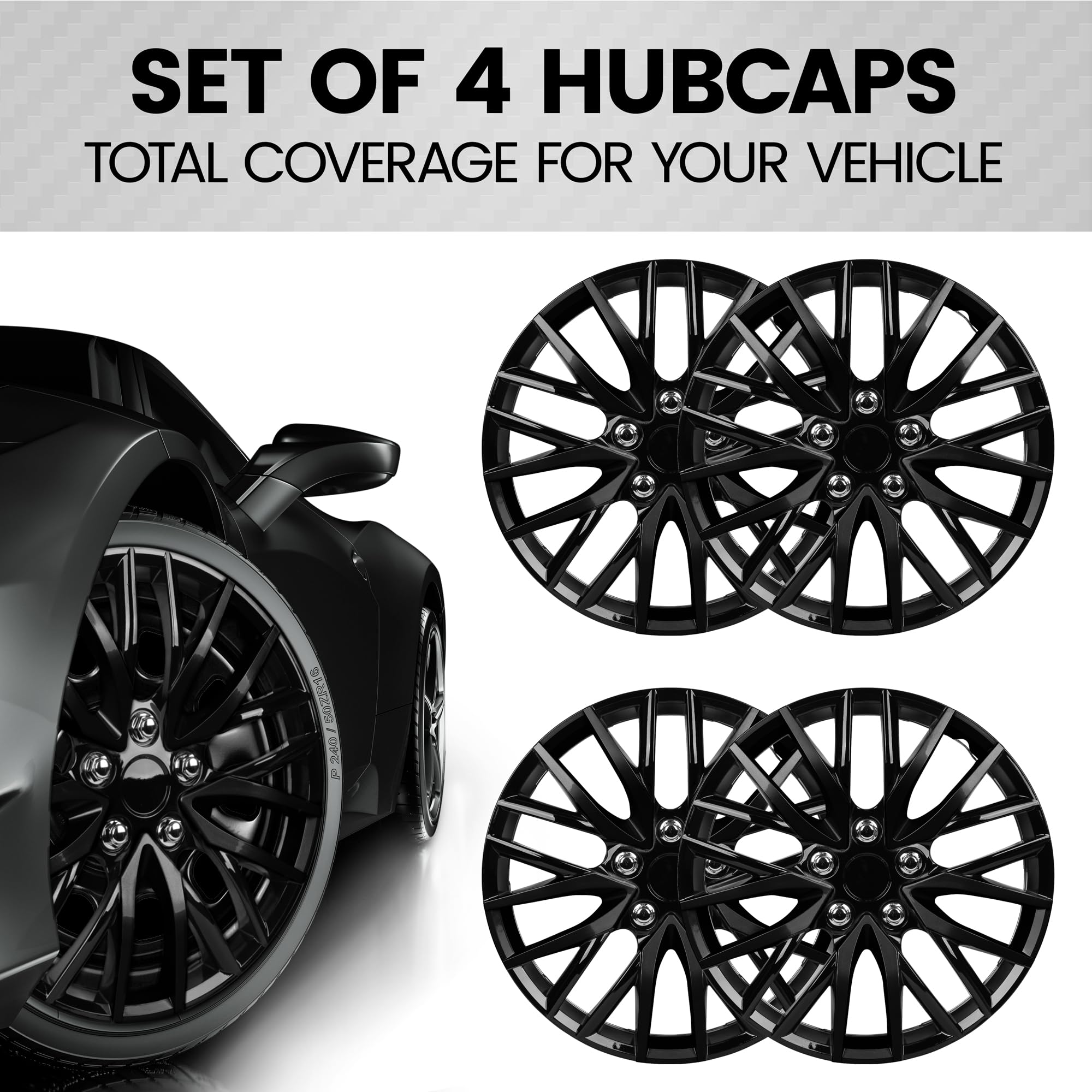 BDK 16" Premium Black Hubcaps - ABS Plastic Wheel Rim Cover, OEM Style, Set of 4 for Car, Truck, SUV, Van