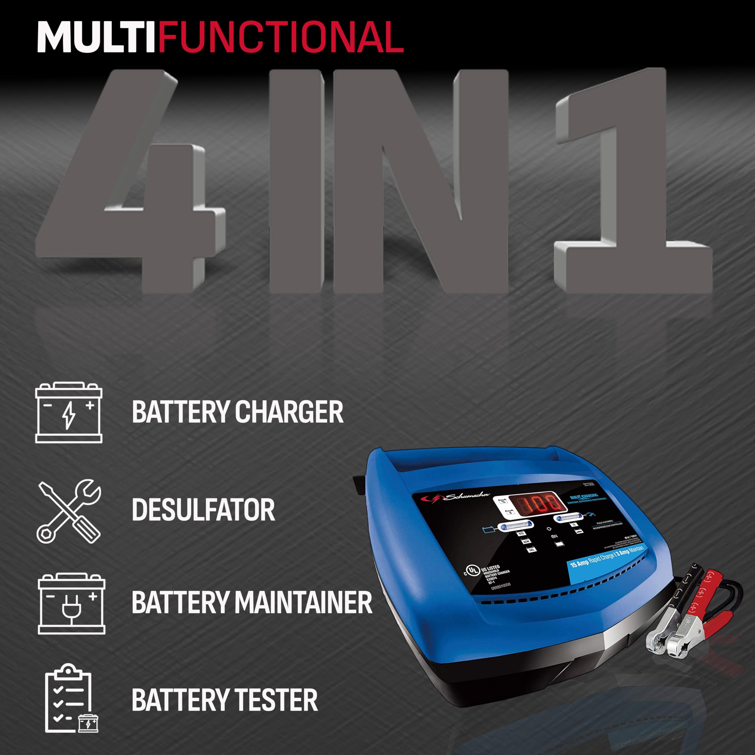 Schumacher SC1360 Fully Automatic Battery Charger - 15A/3A, 6V/12V for Cars, Trucks, SUVs, Marine, RVs