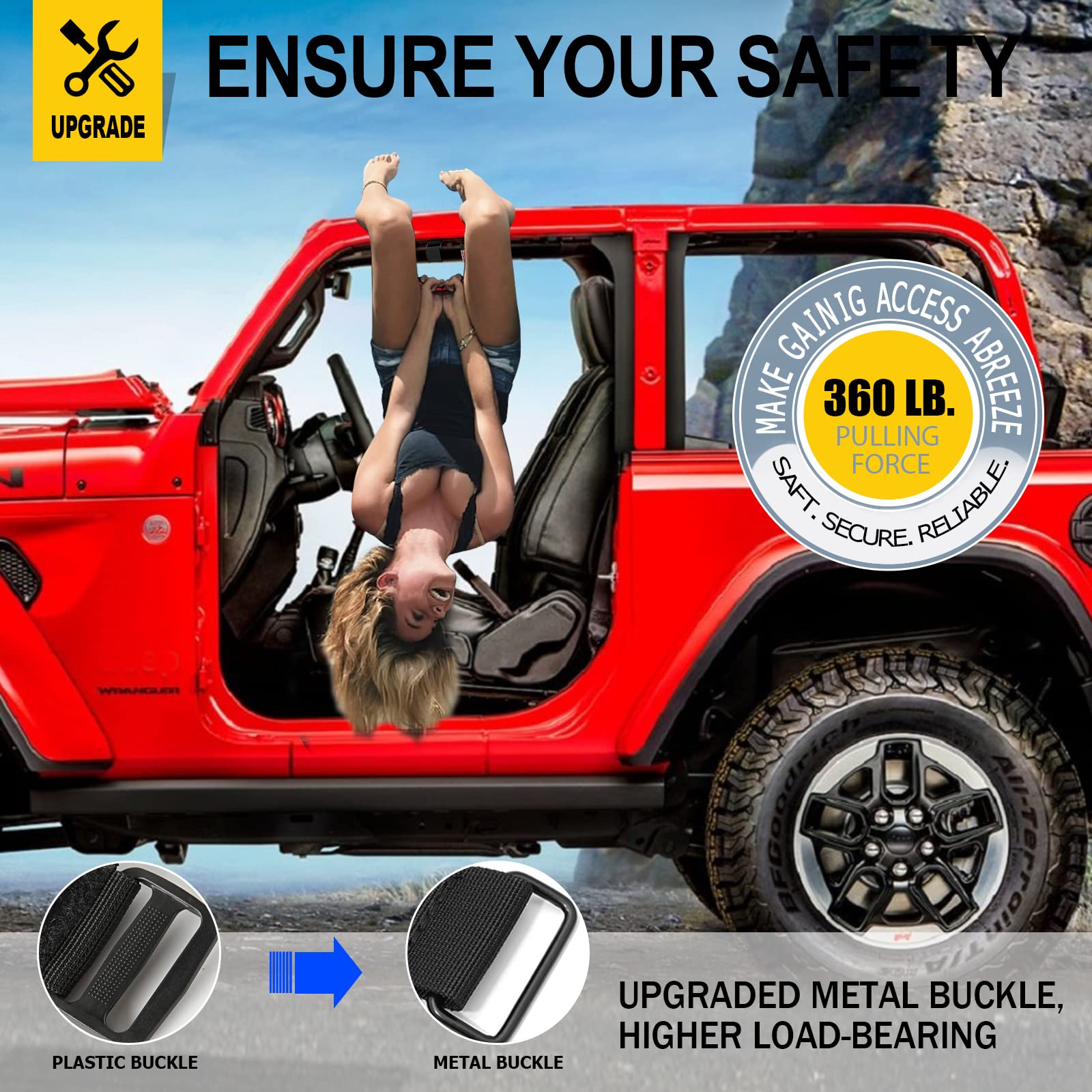 Moveland 4 Pack Roll Bar Grab Handles, Paracord Grip Handles For 1955-2023 Jeep Wrangler Jl, Jk, Tj, Yj & Jeep Gladiator Accessories - Upgrade Metal Buckle, Strong & Durable (Red)