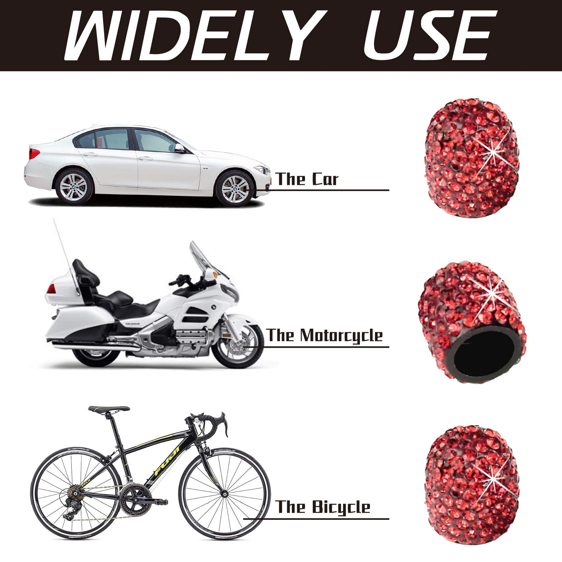 Justtop 4 Pack Handmade Crystal Rhinestone Car Tire Valve Stem Caps, Car Wheel Tire Valve, Attractive Dustproof Bling Car Accessories, Universal For Cars, Trucks And Motorcycles-Red