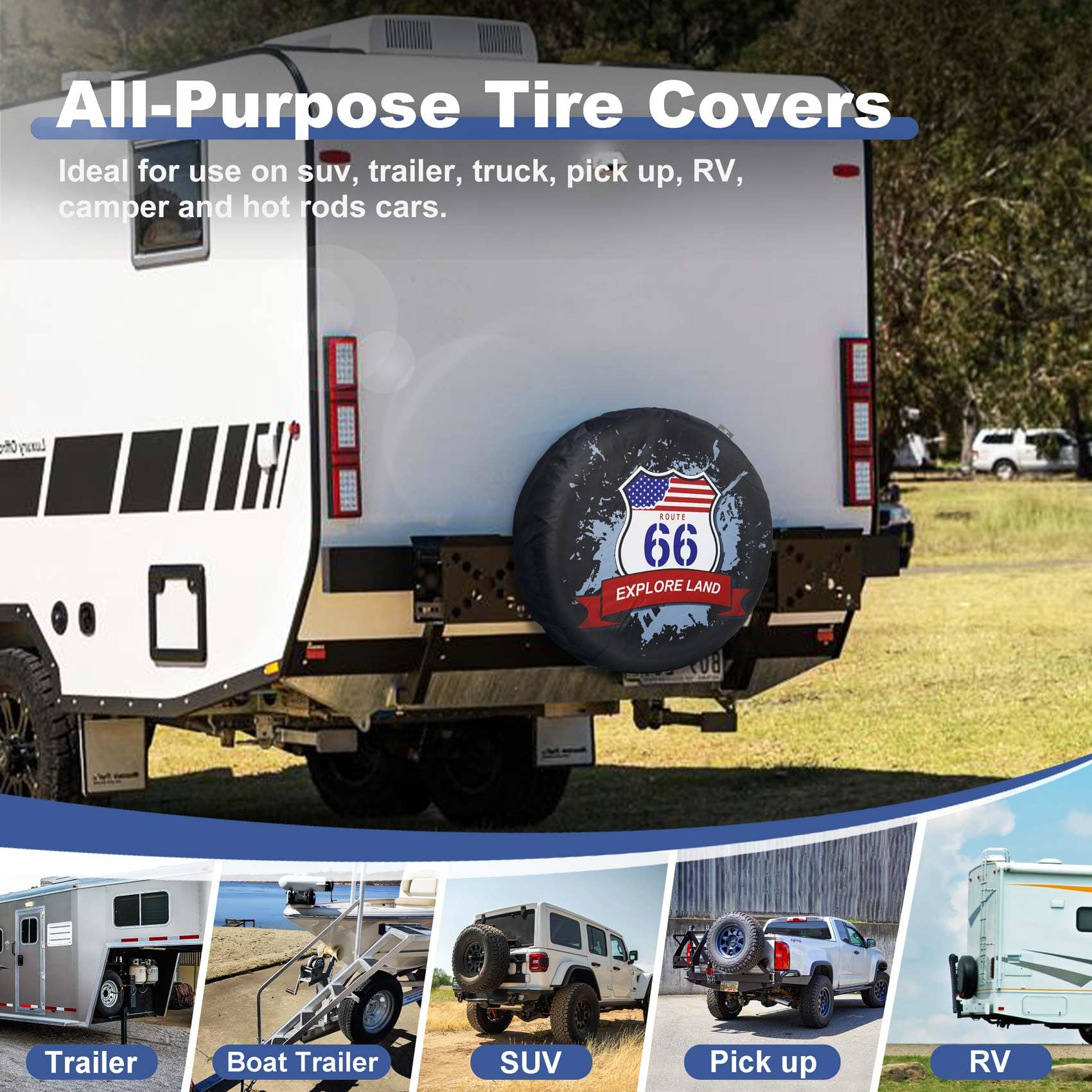 Explore Land 28-29.75 Inch Spare Tire Cover Fit Trailer, Rv, Suv, Truck, Tough Tire Wheel Soft Cover, American Flag And Route 66