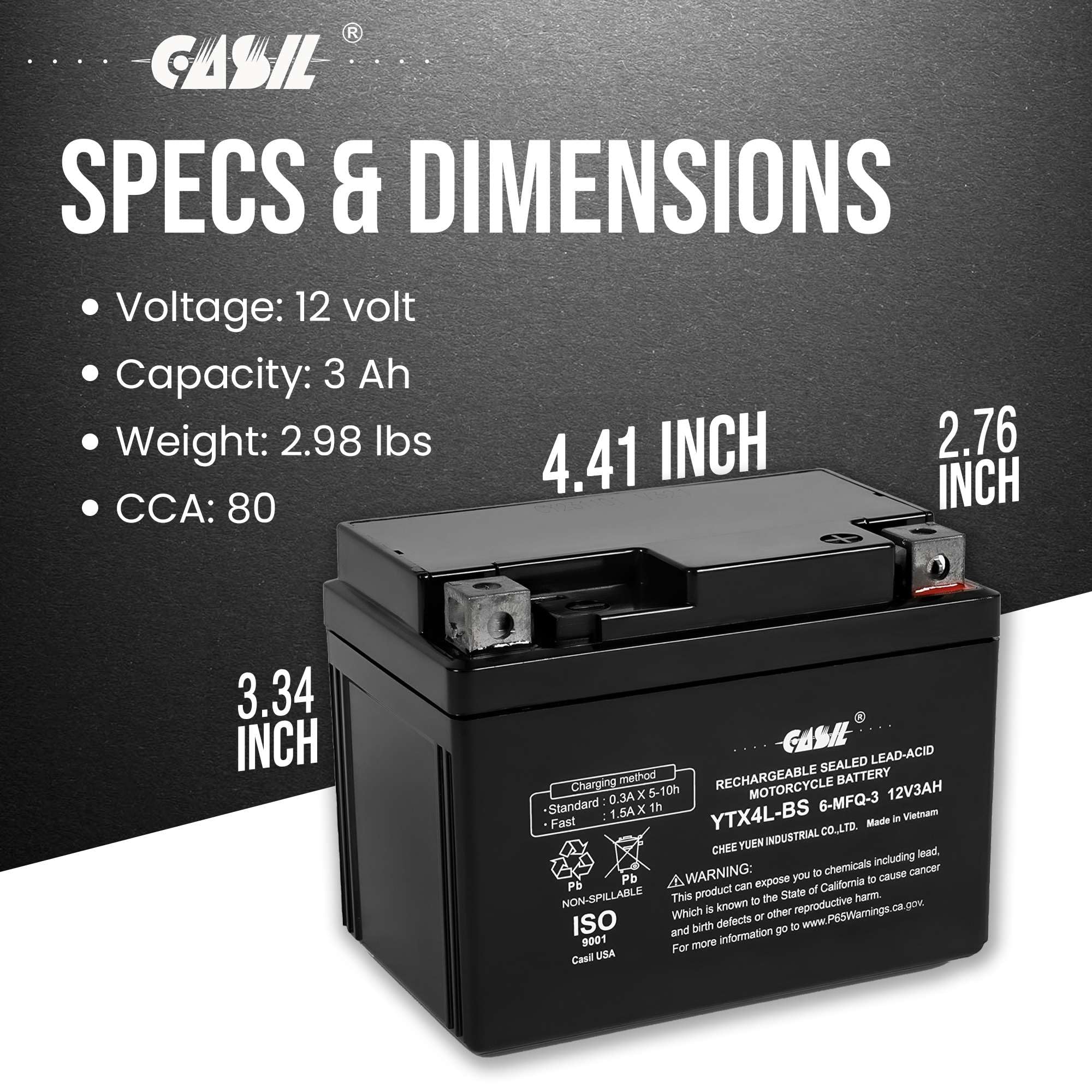 Ytx4L-Bs 12V 3Ah 50 Cca Power Sport Sla Battery - Casil Battery