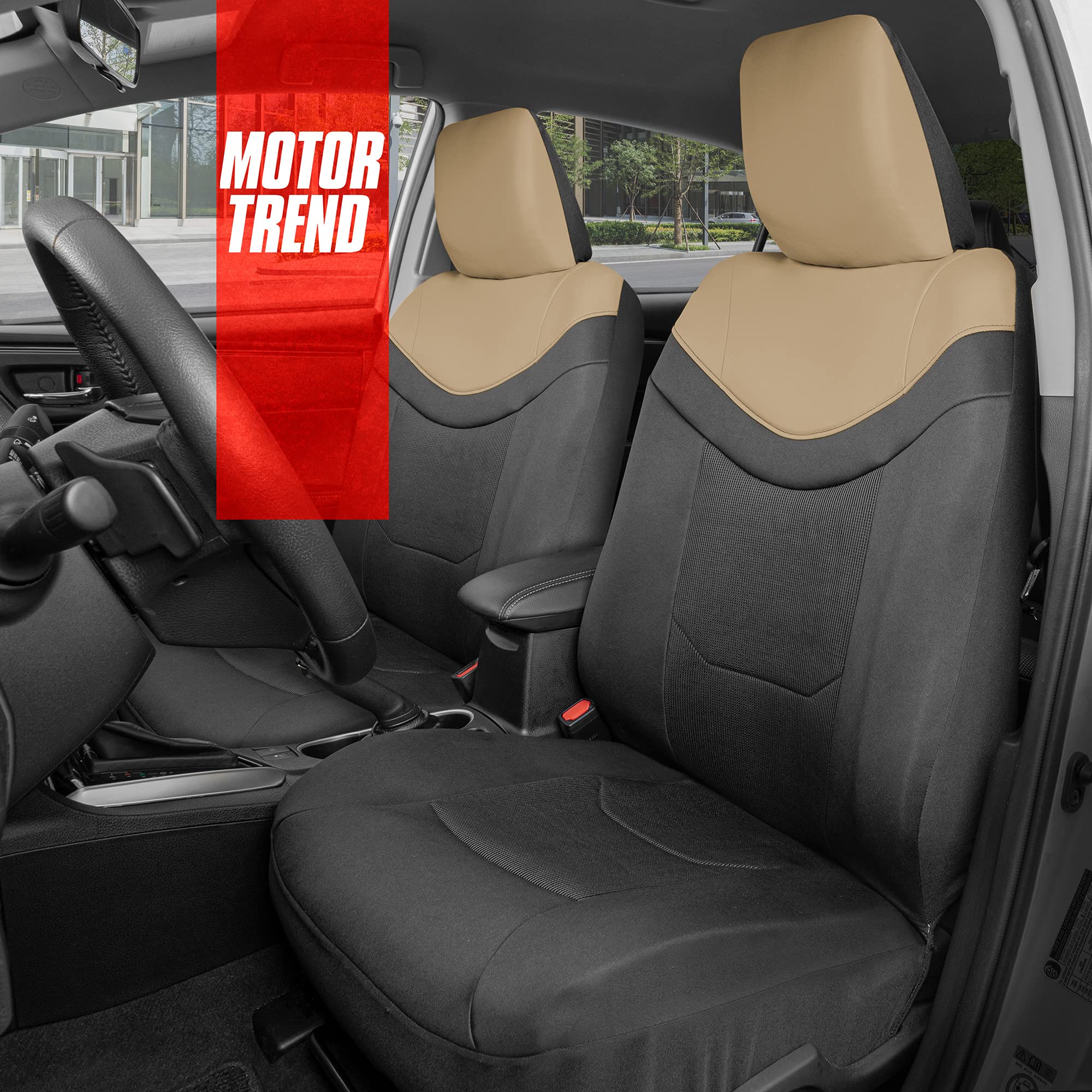 Motor Trend Premium LuxeSport Beige Car Seat Covers for Front Seats, 2 Pack - Automotive Seat Protectors with Comfortable Mesh B