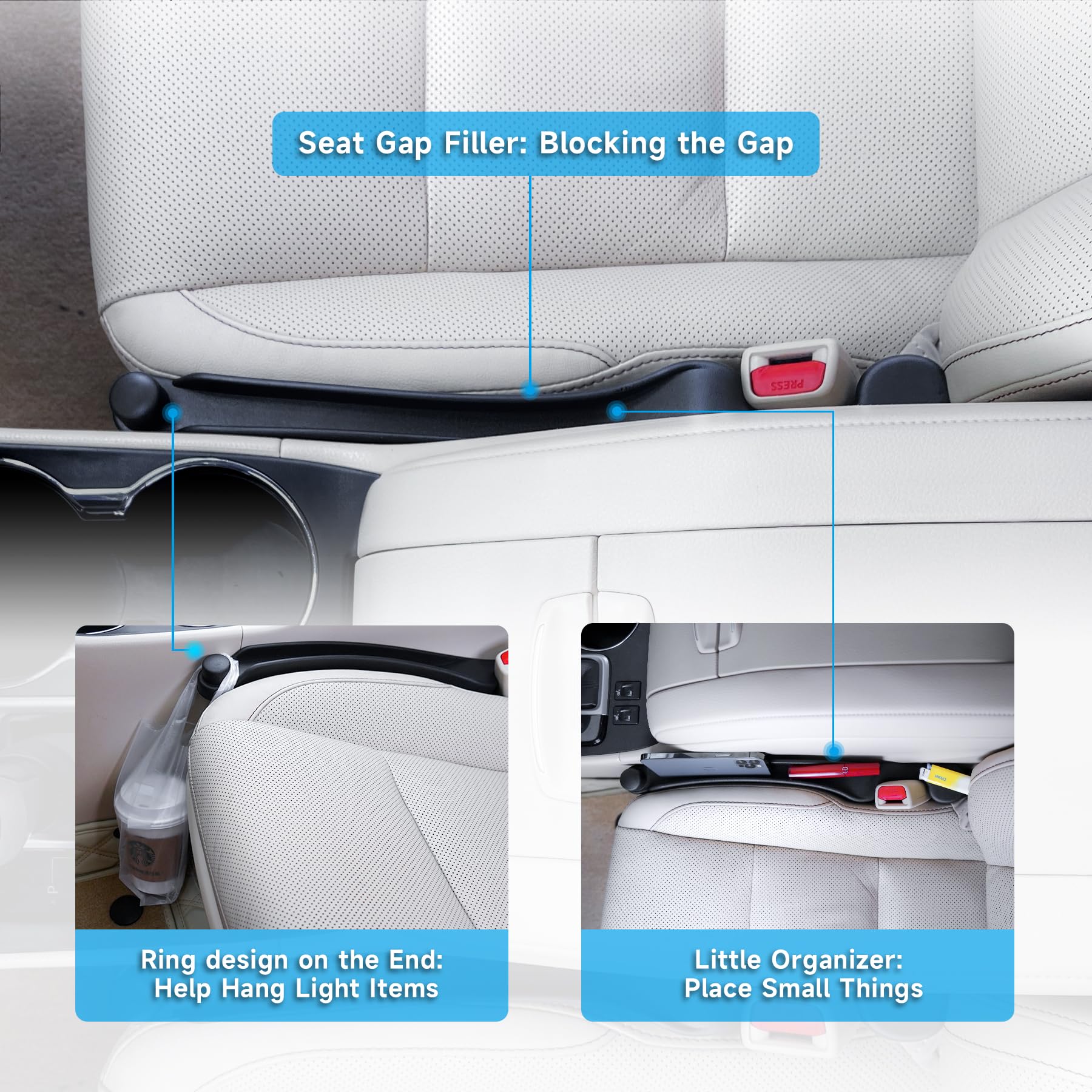 Givifive Car Seat Gap Filler Set of 2, Soft Foam, 3in1 Organizer & Hook, Black, Universal Fit for Cars, SUVs, Trucks