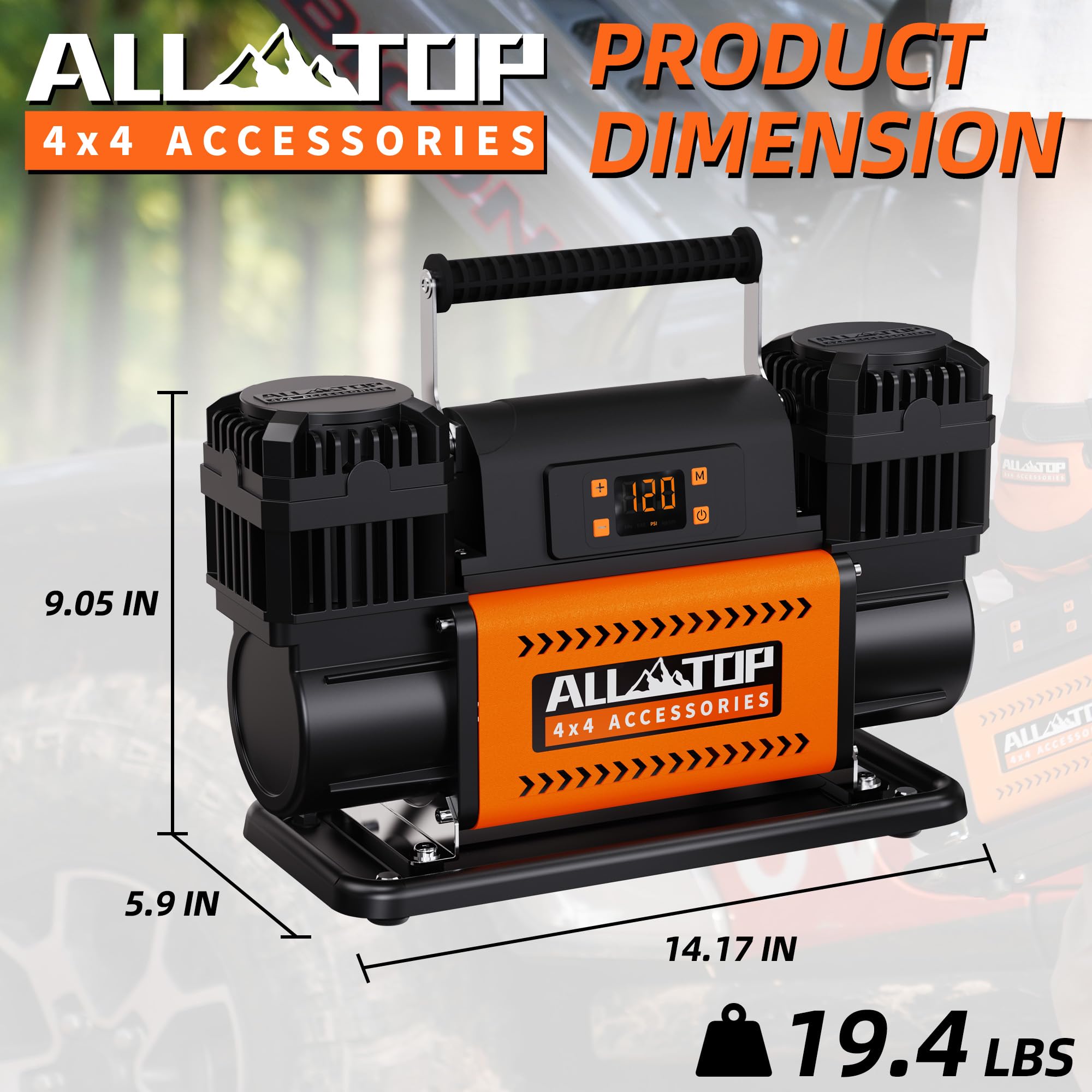 ALL-TOP 12V Air Compressor - 150PSI, 12.35CFM, Dual Cylinder, LCD Control Panel, Auto-stop