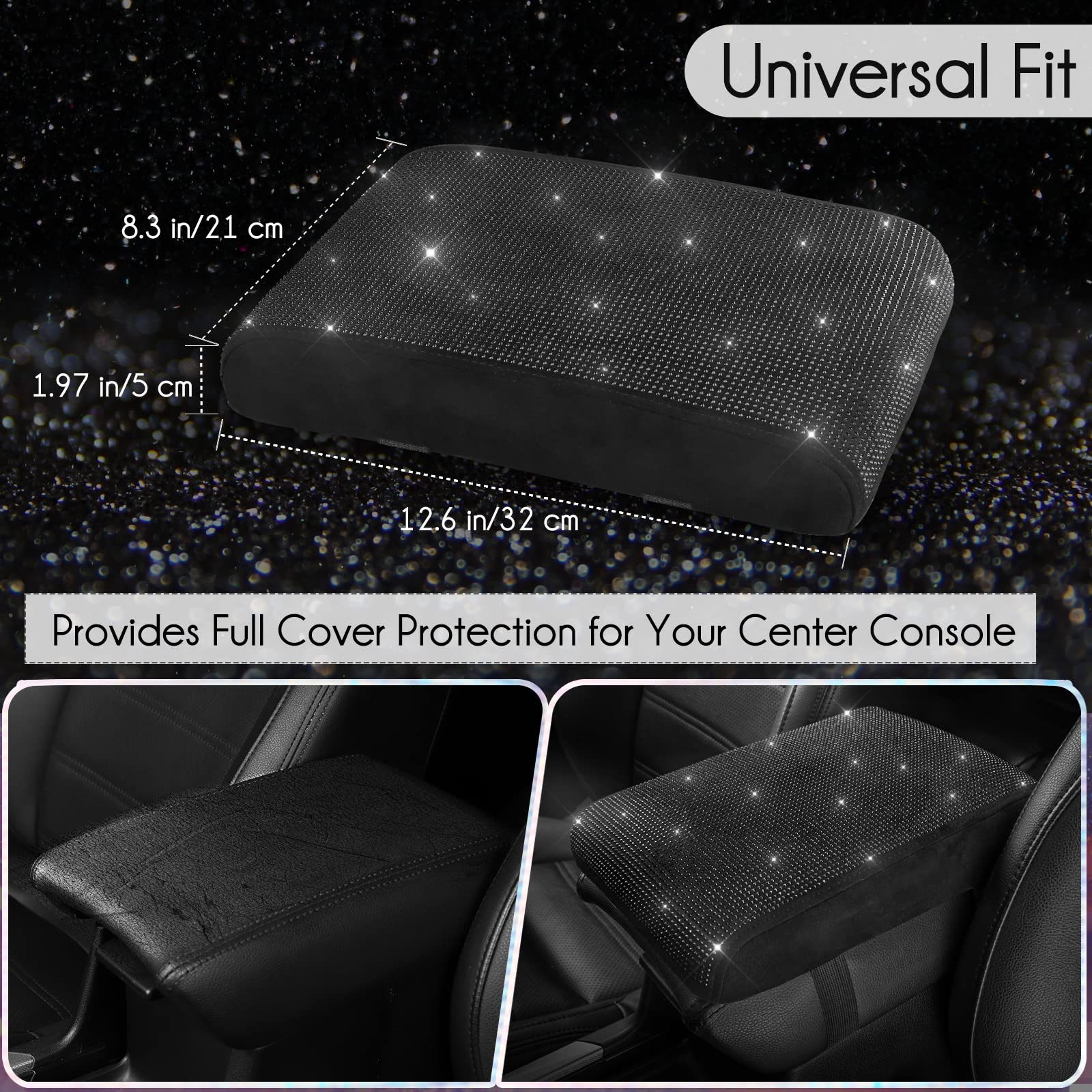 Seg Direct Diamond Auto Center Console Cover, Bling Car Armrest Cover, Memory Foam Armrest Cushion Pad With Crystal Rhinestones, Universal Seat Box Cover, Black Diamond