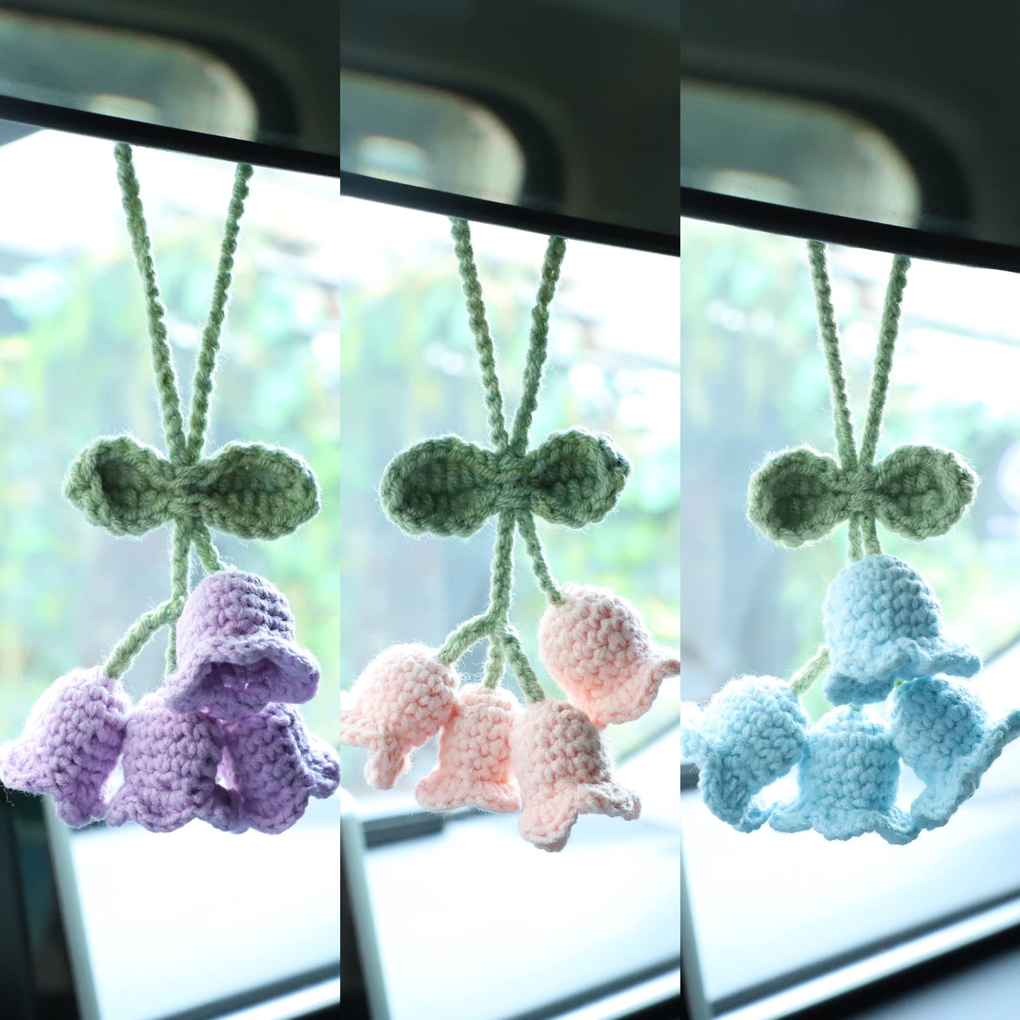 Mirror Hanging Car Accessories Cute Little Lily Of The Valley, Hand Knitted Crochet Flower Decor For Mirror, Rear View Mirrors,Key Chains (Blue)