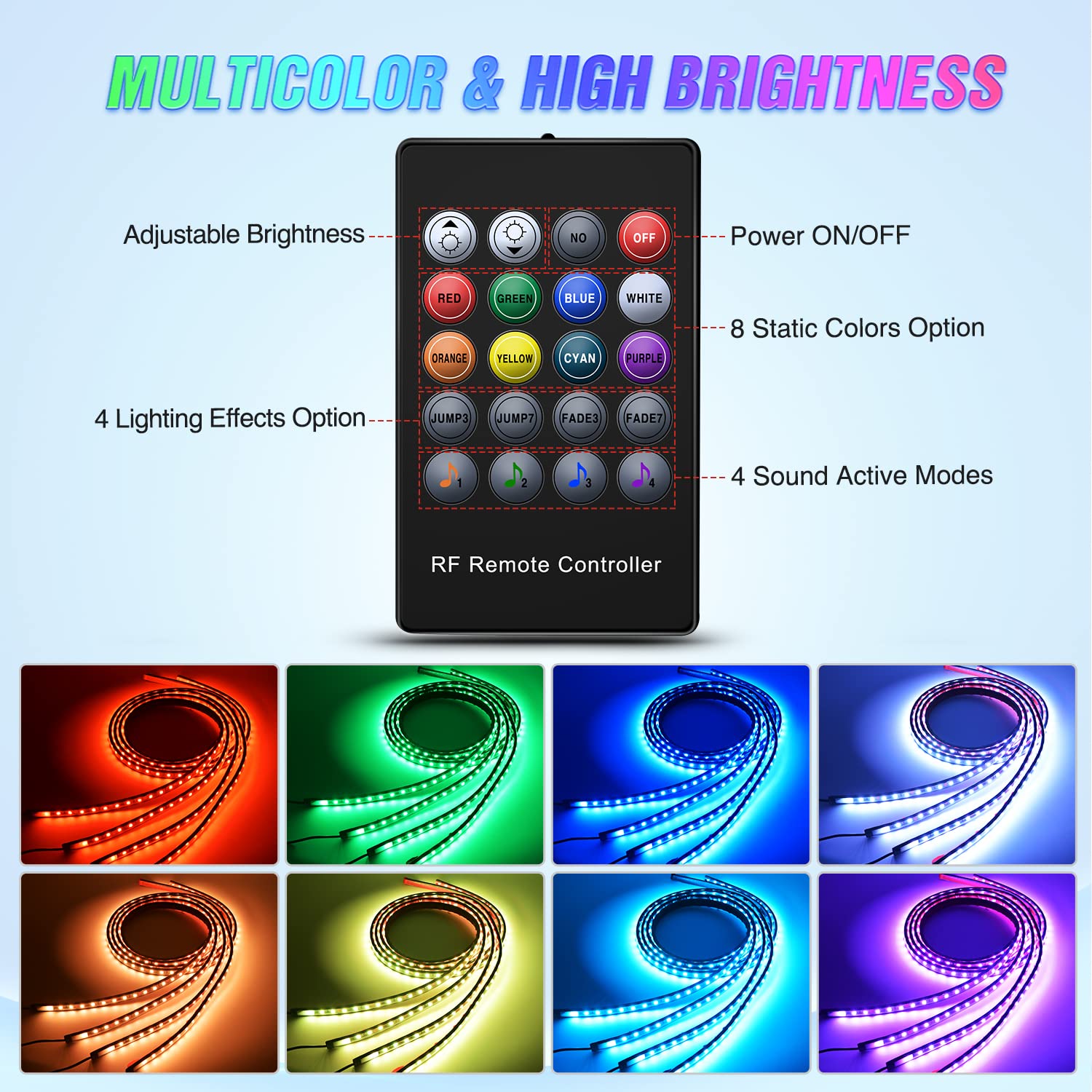 Nilight Car Underglow RGB Strip Lights - 4Pcs, 252 LEDs, Sound Active, Wireless Remote, PVC, TL-57, 8 Colors, 2 Year Warranty