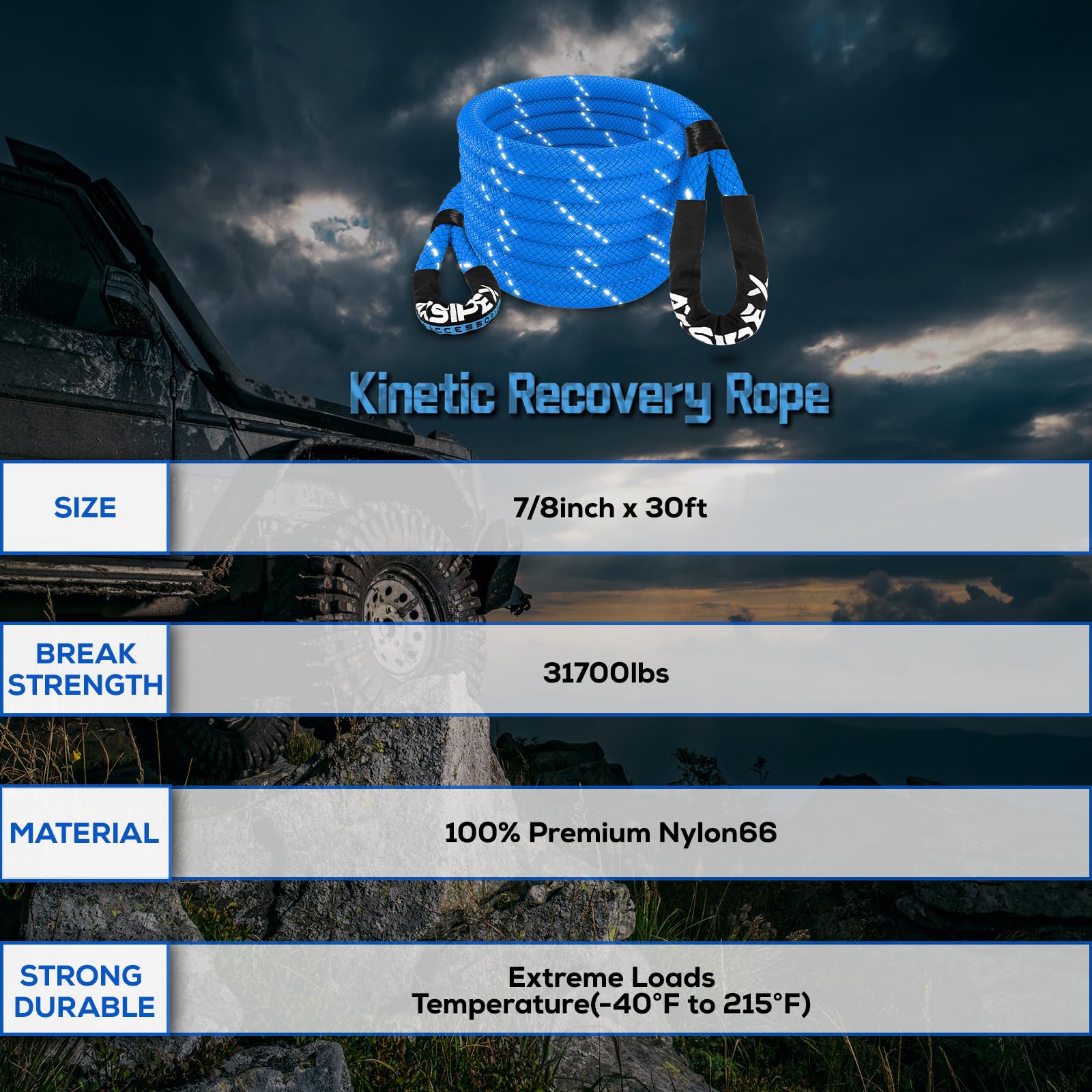 Axsipeix 7/8''  30Ft Kinetic Recovery Rope (31,700Lbs) Heavy Duty Offroad Kinetic Rope For Utv, Atv, Suv, Car (Blue)