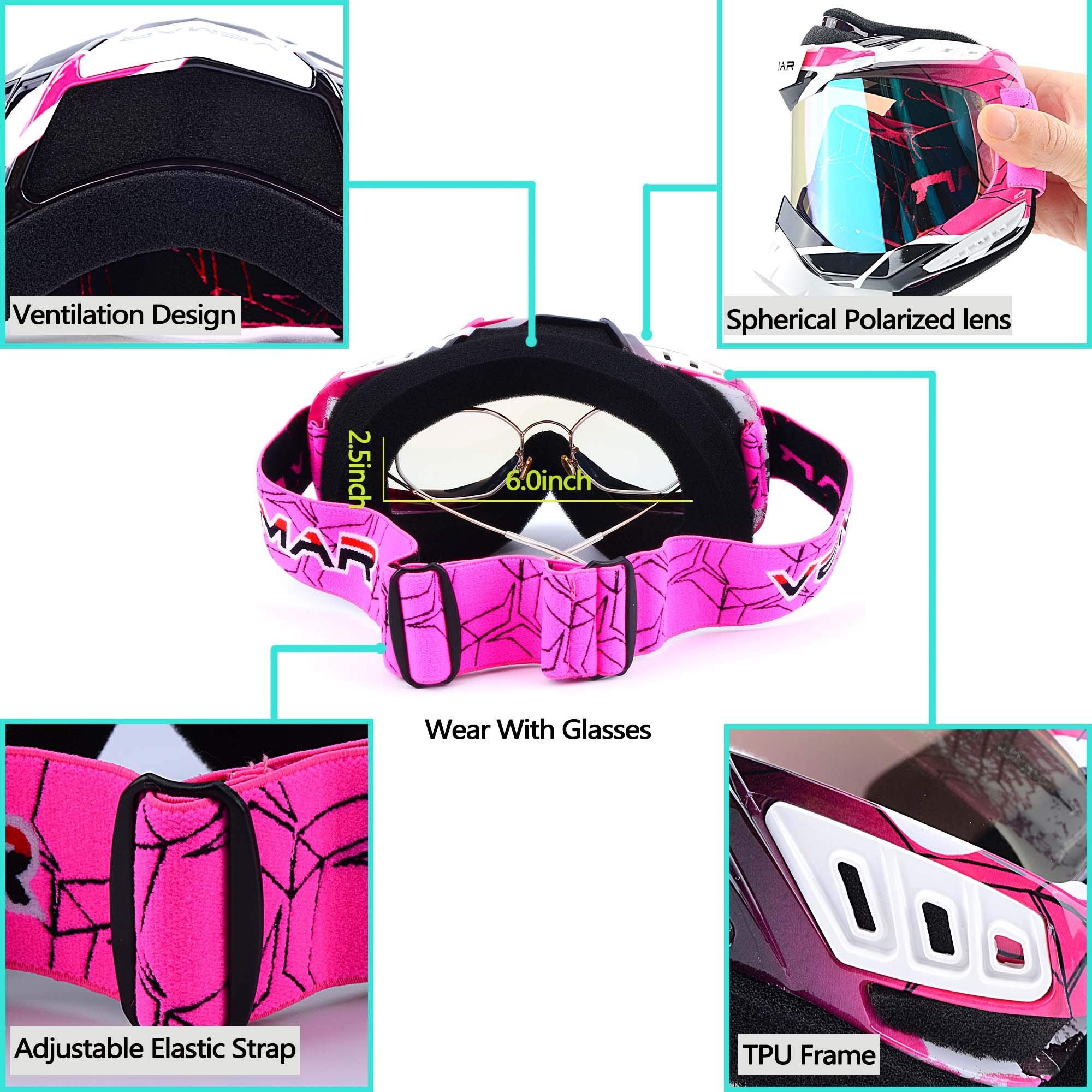 Ubelly Motorcycle Motocross Goggles, Pink, Windproof, Dustproof, Scratch Resistant, Tactical Riding Glasses