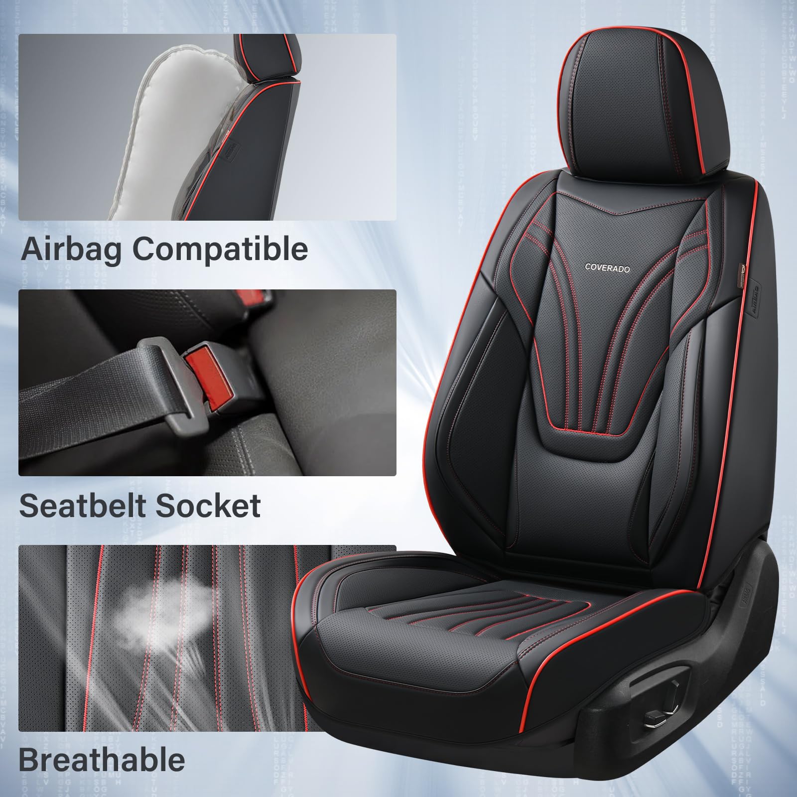 Coverado Car Seat Covers Full Set, 5 Piece Car Seat Protector With Lumbar Support & Removable Headrest, Breathable Leather Front