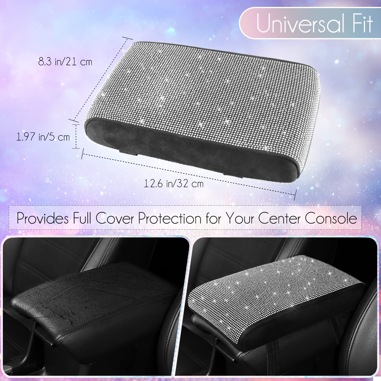 Seg Direct Diamond Auto Center Console Cover, Bling Car Armrest Cover, Memory Foam Armrest Cushion Pad With Crystal Rhinestones, Universal Seat Box Cover, White Diamond