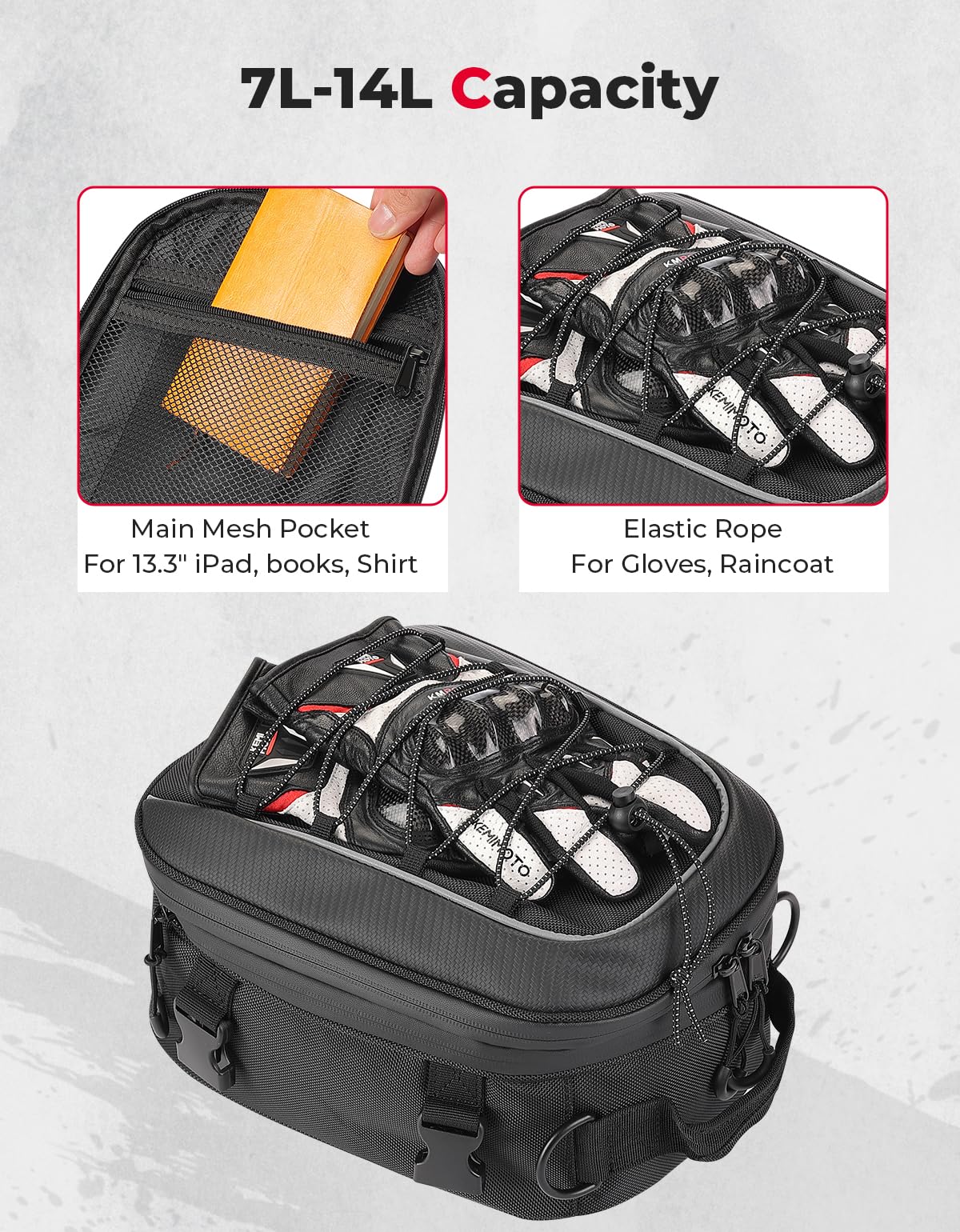 KEMIMOTO Motorcycle Tail Bag, Expandable 7-14L Waterproof Oxford Cloth Rear Seat Luggage with Rain Cover & Straps, Model F1116-06705-BK