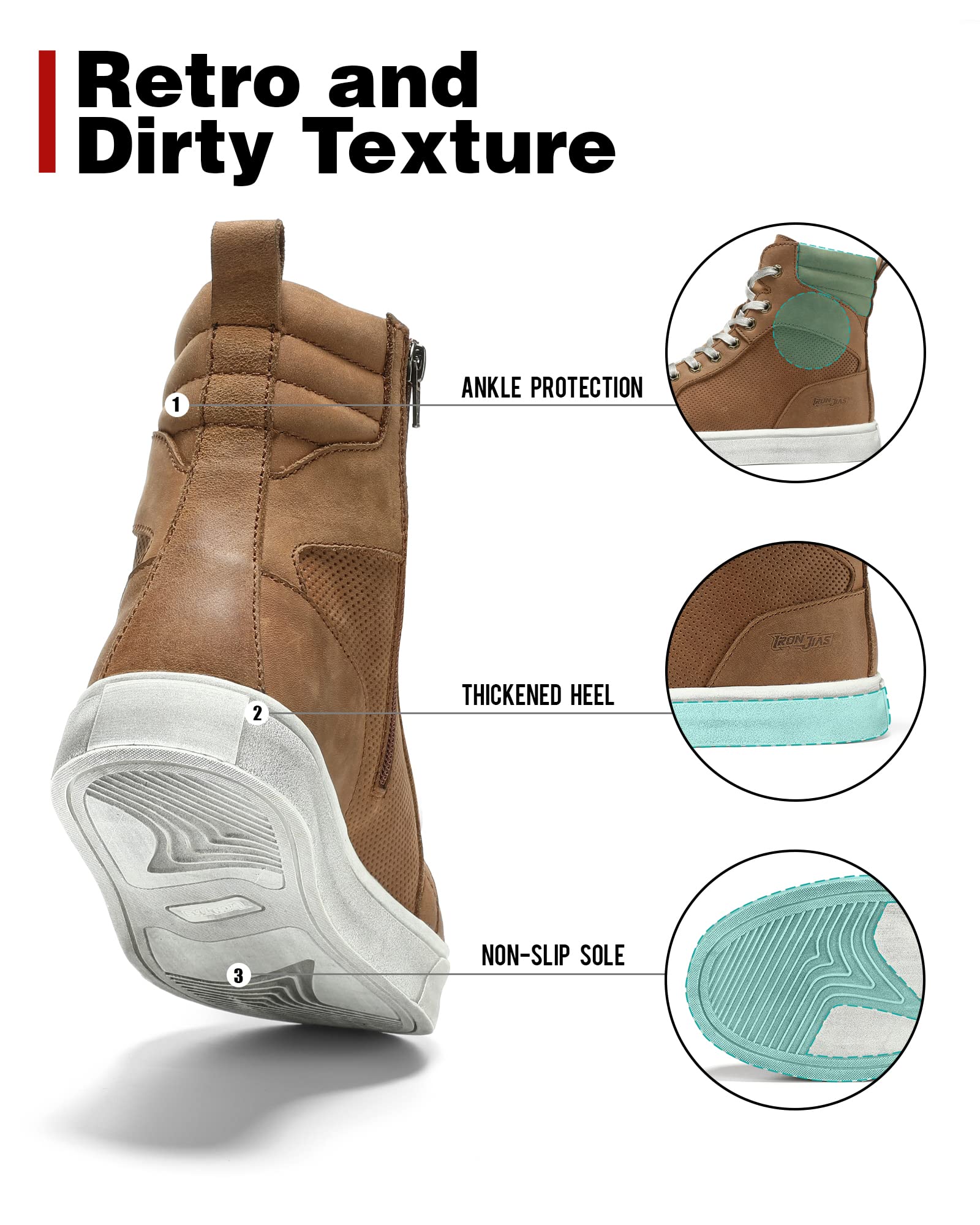 BORLENI Cowhide Leather Motorcycle Boots for Men, Size 8.5, Brown, Model XZ006, Breathable Casual Outdoor Riding Shoes