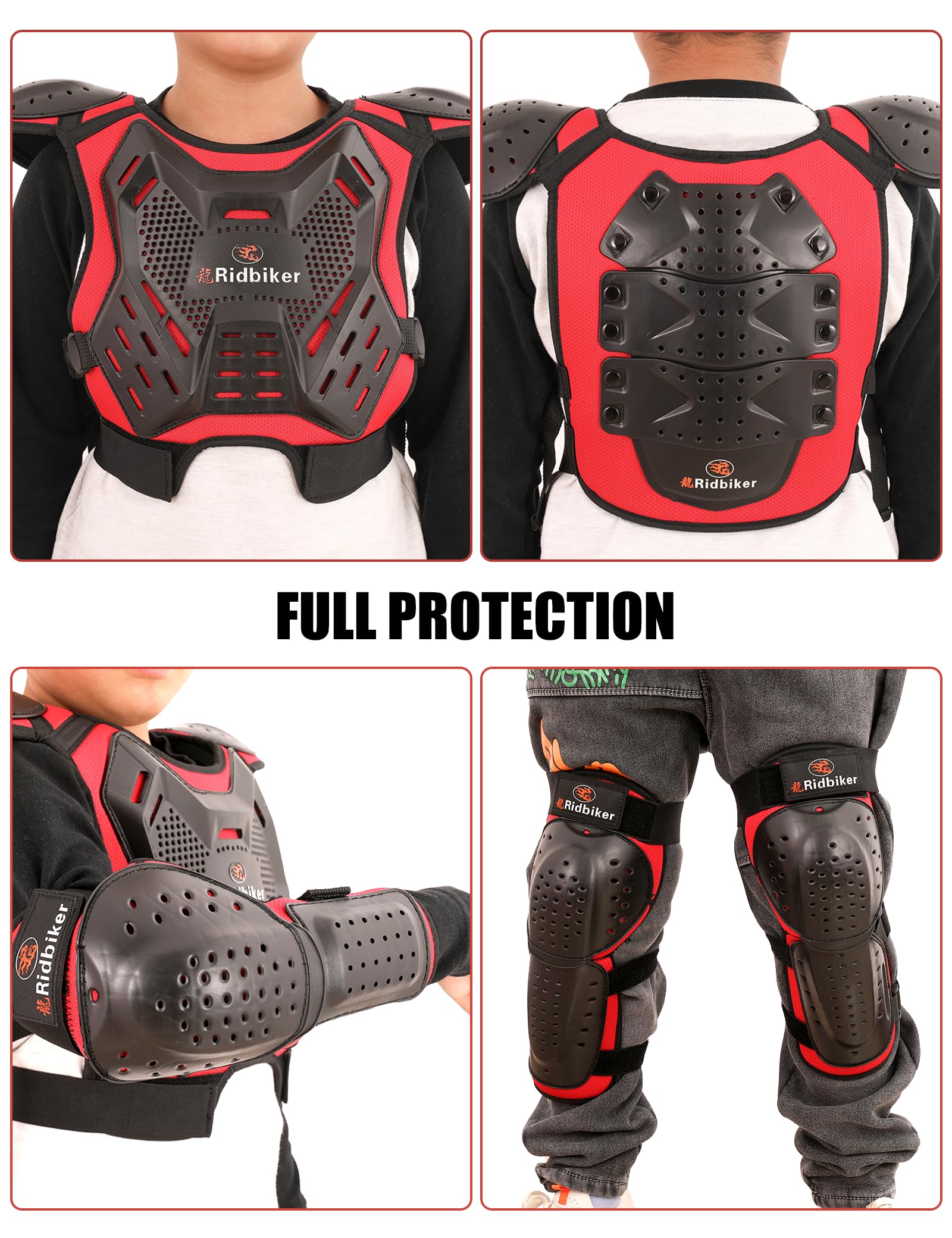 RIDBIKER Kids Dirt Bike Gear - Motocross Chest Protector & Armor Vest with Knee Guards & Elbow Pads - Pink