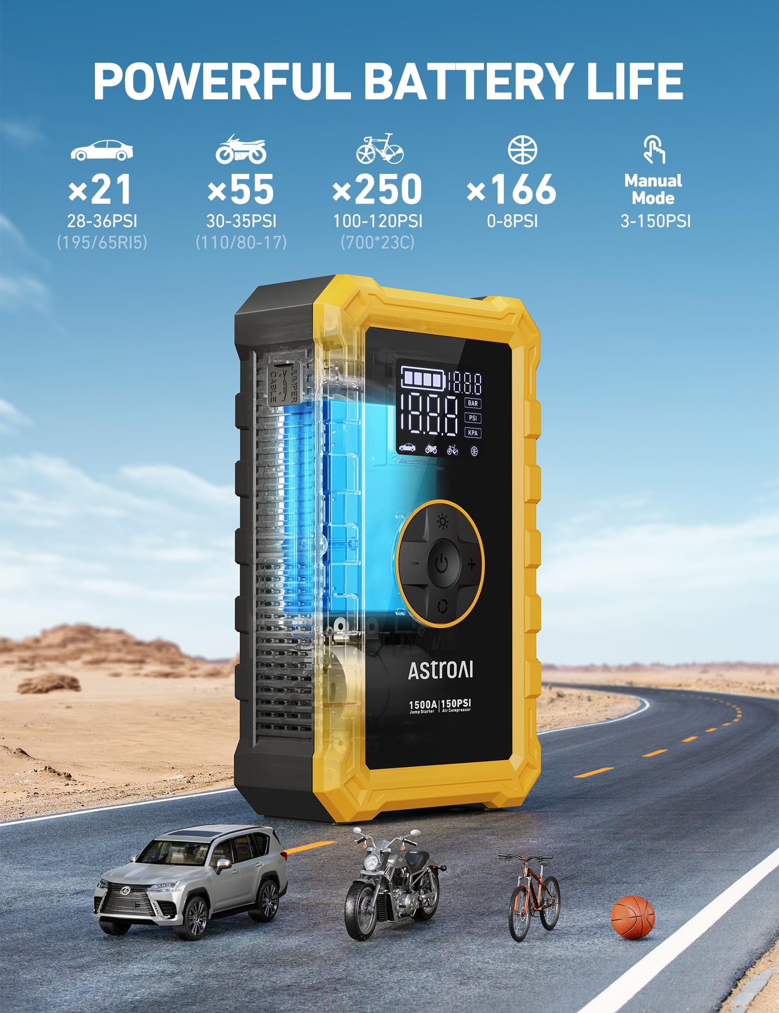 AstroAI S8 Air Jump Starter & Tire Inflator, 3000A Peak, 150PSI, Portable, Yellow