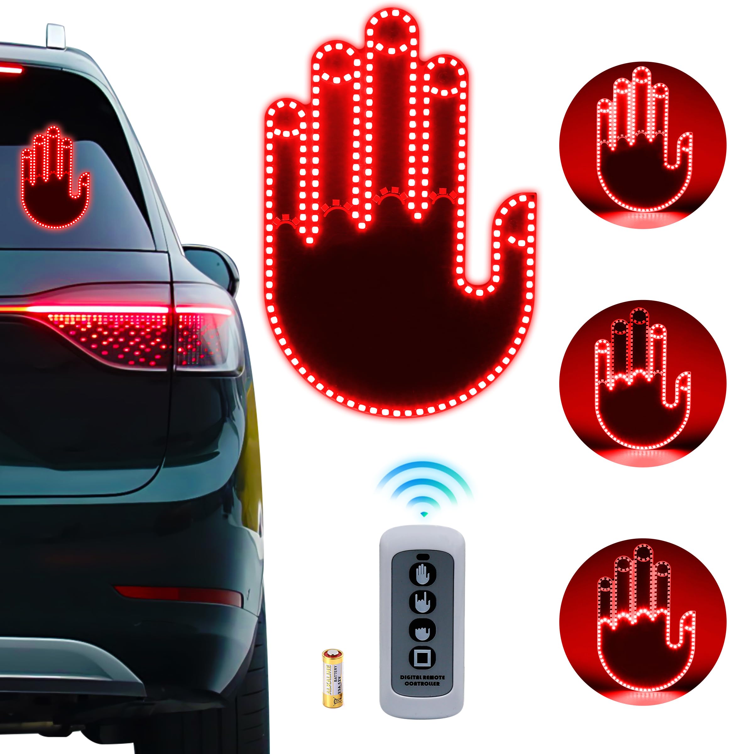 Hand Gesture Light for Car - 3 in 1 LED Finger Light with Remote Control | Back Window Sign for Drivers, Funny Car Accessories &