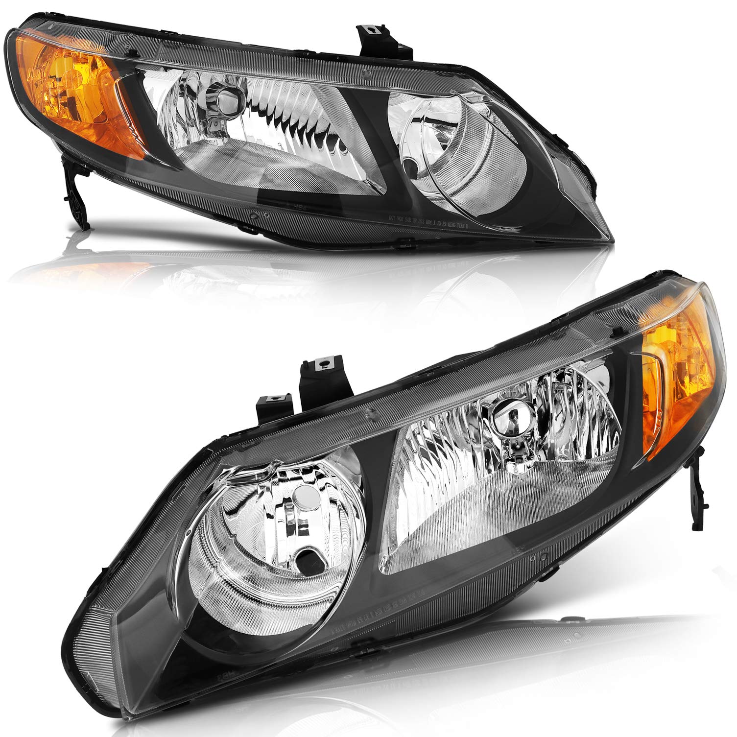 OCPTY Compatible For Honda Civic 2006-2011 Headlight Headlamps Black Housing Amber Reflector