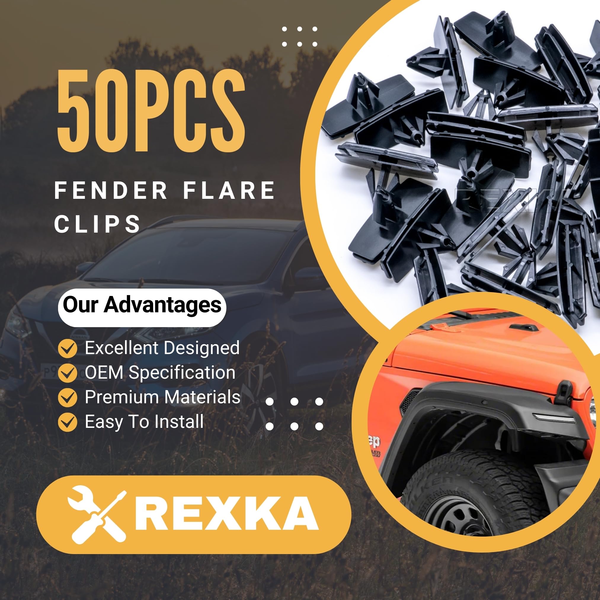 Rexka Fender Flare & Rocker Moulding Clip Set, 50pcs, Nylon, Compatible with Jeep Wrangler JK & Unlimited JK, Ram 4500/5500
