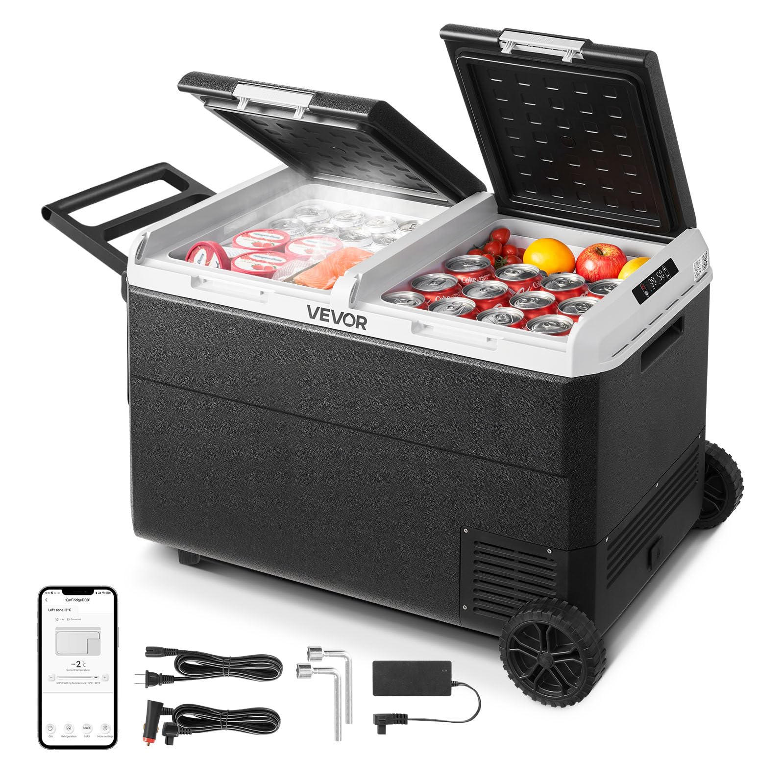 VEVOR 12 Volt Car Refrigerator, 100.4QT/95L Car Fridge, Dual Zone Portable Electric Cooler with Wheels and Handle, -4?~68?, 12/2
