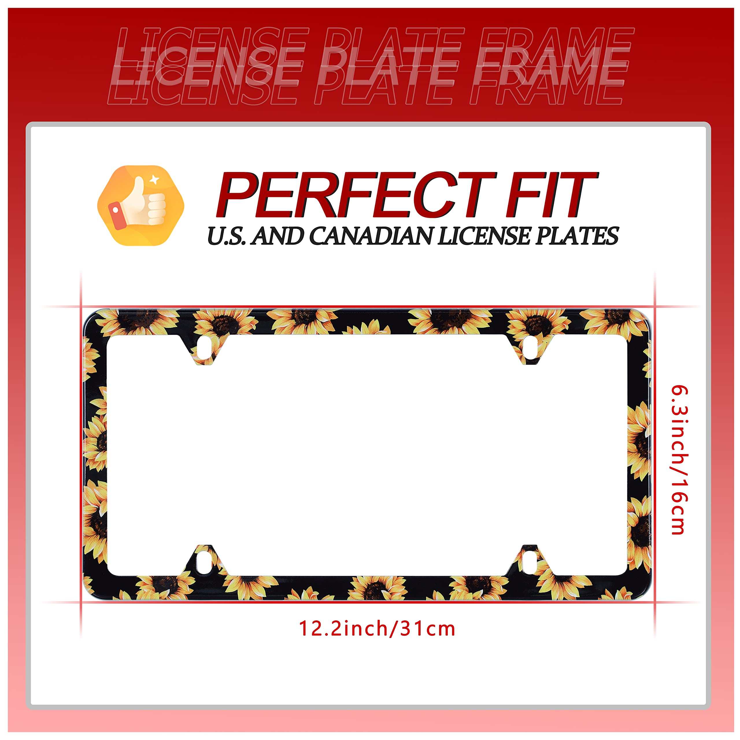 2Pcs Sunflower License Plate Frame Yellow Flowers Print Stainless Steel Auto Parts Decoration With Screws Fits U.S. Canadian Sta