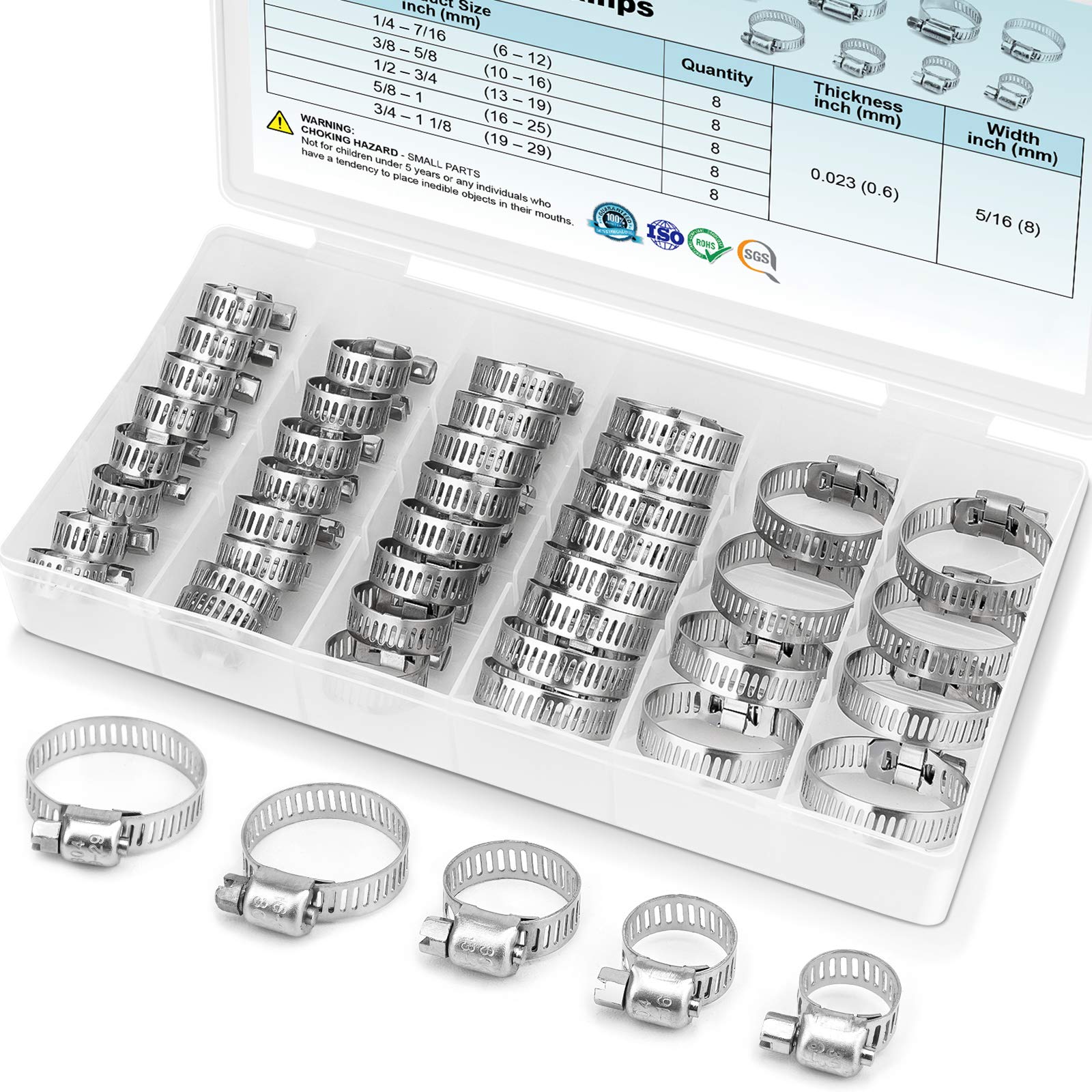 TICONN 40PCS Hose Clamp Set - 1/4''-1-1/8'' 304 Stainless Steel Worm Gear Hose Clamps for Pipe, Intercooler, Plumbing, Tube and 