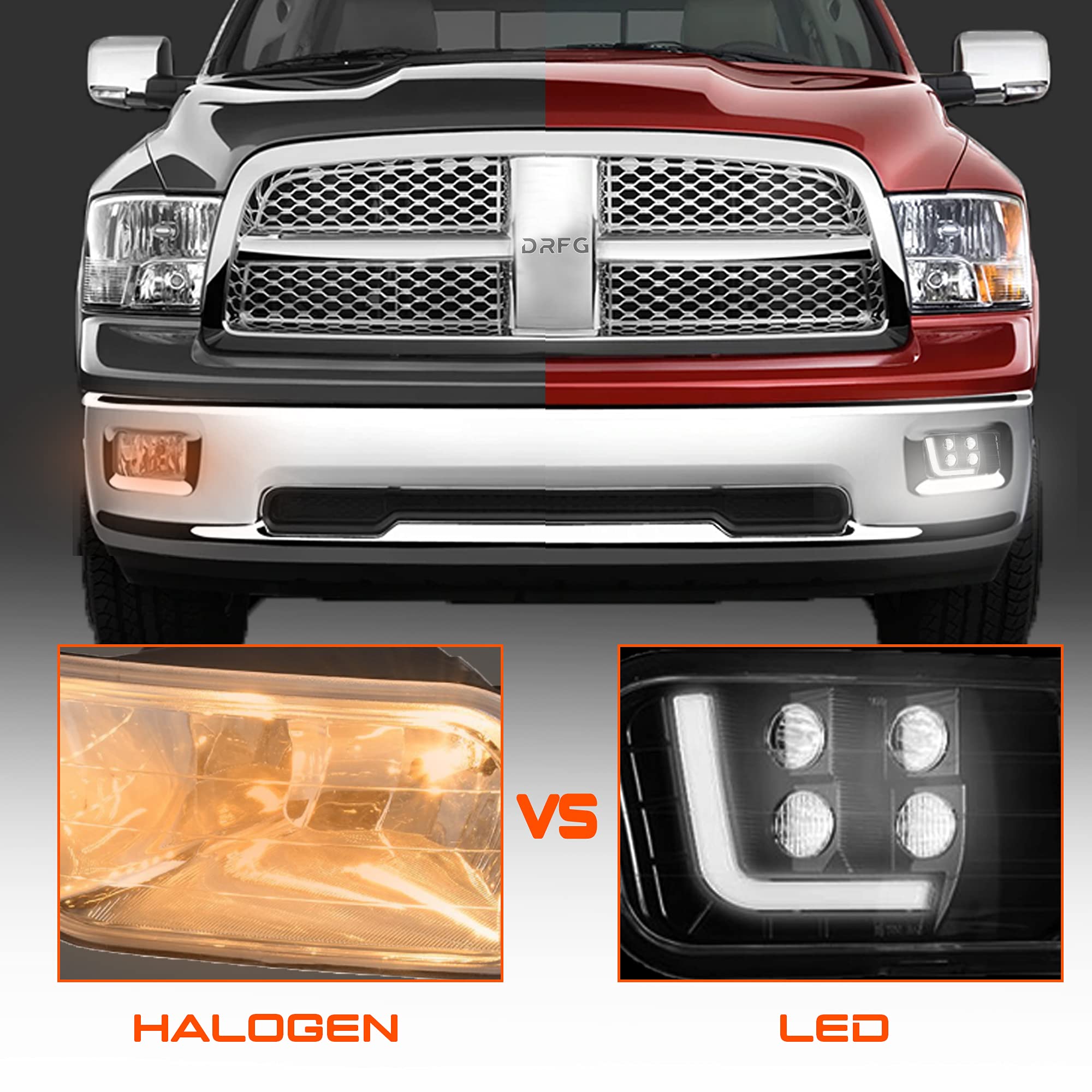 DRFG LED Fog Light with Daytime Running Light for 2009-2012 Dodge Ram 1500, 2010-2017 2500/3500, White
