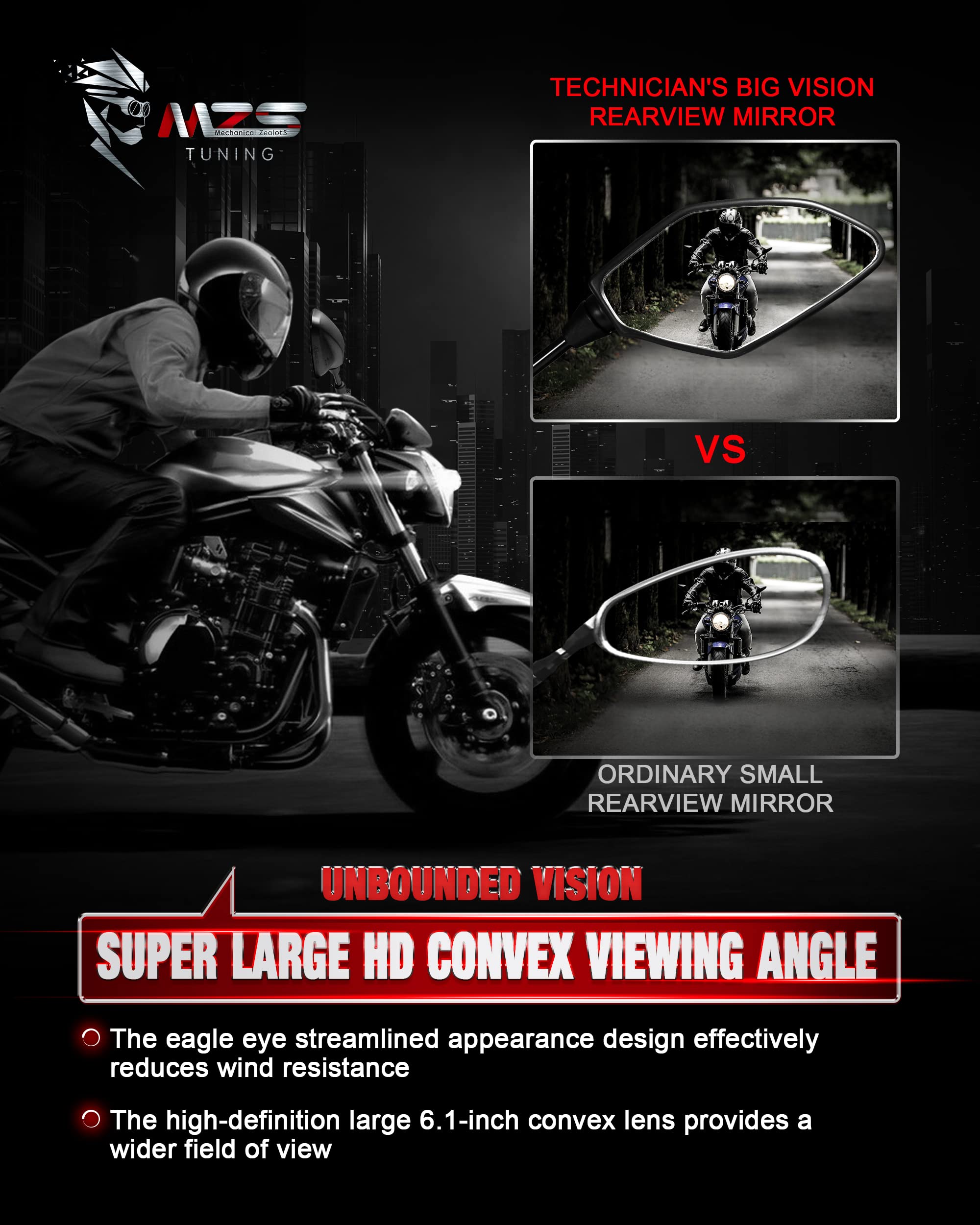 Mzs Motorcycle Mirrors Rear View Side 8Mm 10Mm Black Universal Compatible With Street Dirt Bike Quad Adventure Scooter Coolster