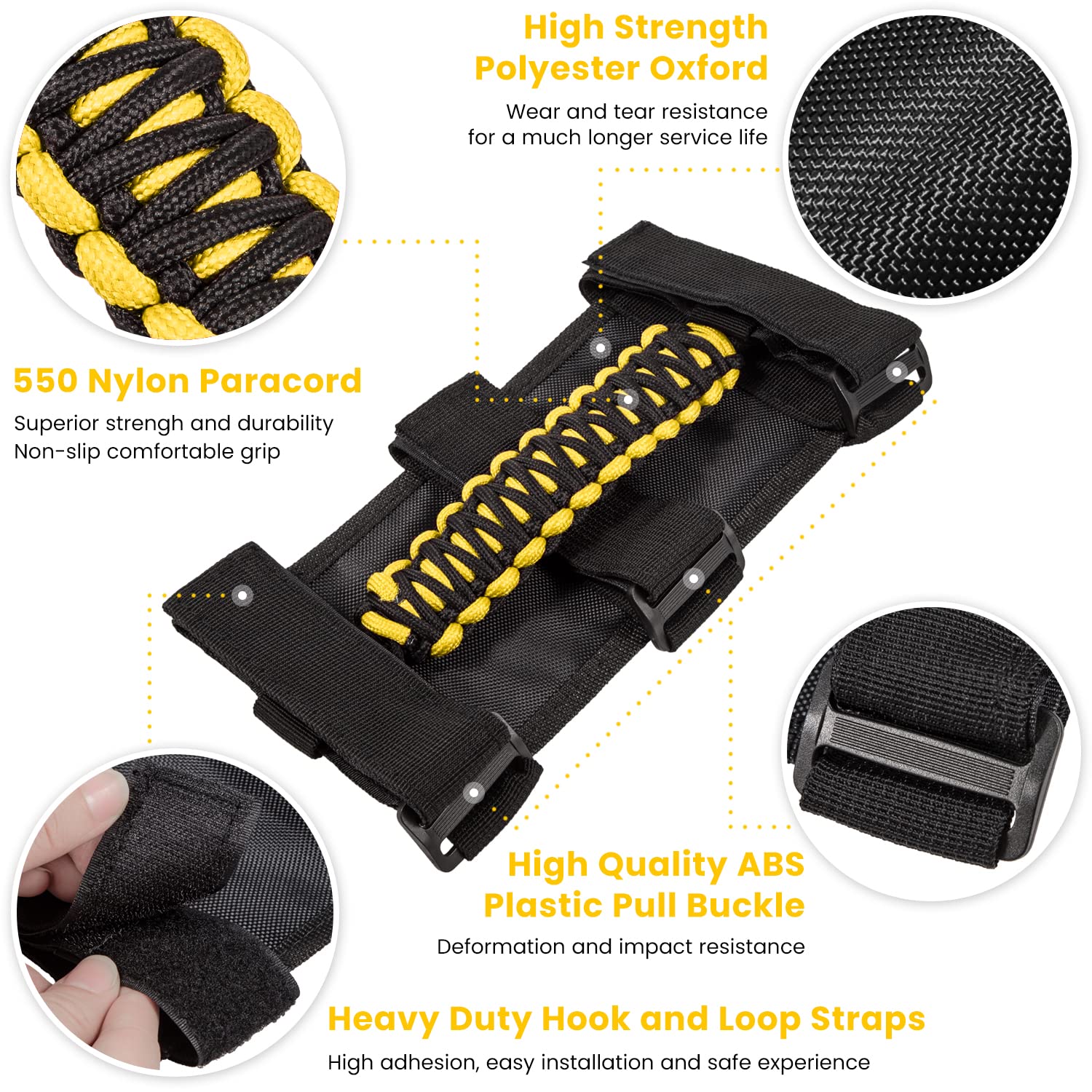 E-Cowlboy Roll Bar Grab Handles Grip Handle For Jeep Wrangler Yj Tj Jk Jku Jl Jlu Sports Sahara Freedom Rubicon Unlimited X Gladiator Jt 1955-2023 Utv Atv Premium Paracord (Yellow 2 Pack)
