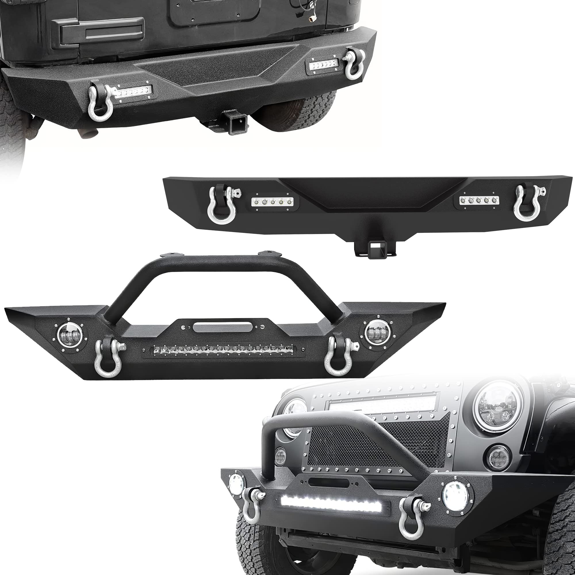 Ledkingdomus Front& Rear Bumper Compatible With 07-18 Jeep Wrangler Jk& Unlimited, Built-In 90W Led Light Bar W/ 2 60W Fog Light
