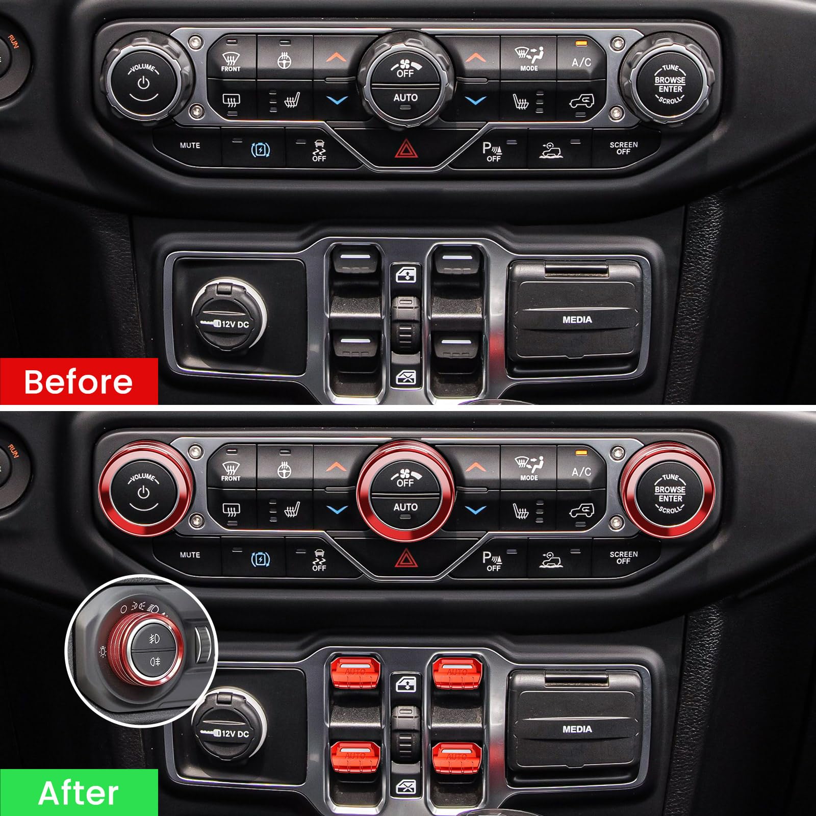 DIAMOOKY 8PCS Metal Button Knob Covers for Jeep Wrangler JL/JLU 2018-2025 & Gladiator JT - Red