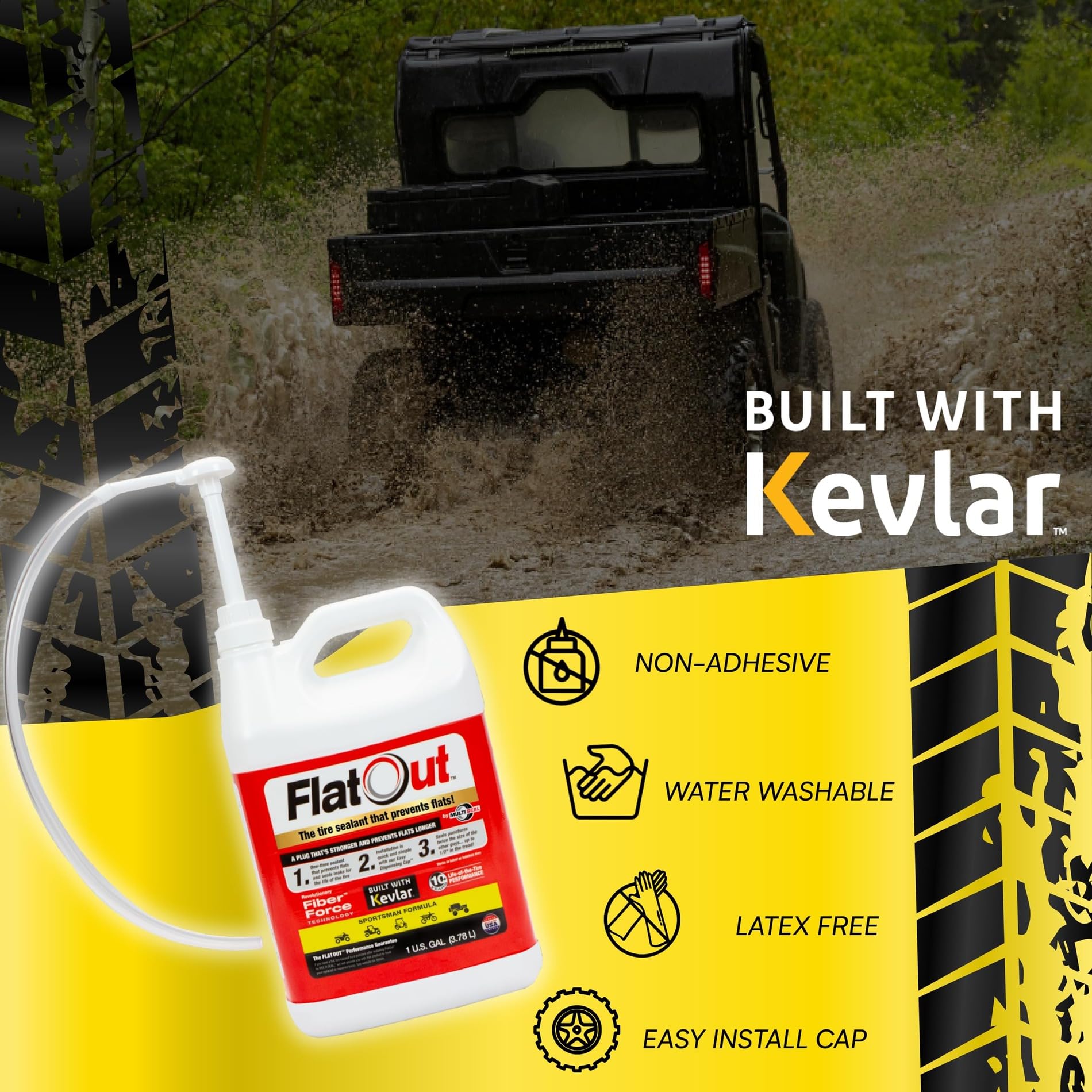 FlatOut Tire Sealant Sportsman Formula, 1-Gallon, with Valve Core Tool & Replacement Valve Core, Prevents Flat Tires, Seals Leaks