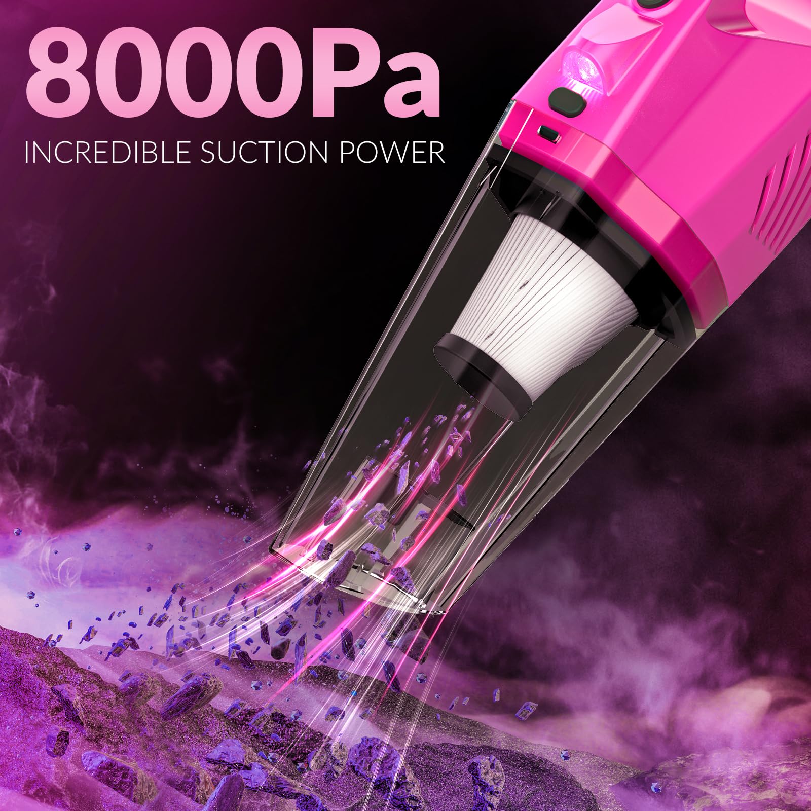 ThinkLearn Car Cleaning Kit - High Power Handheld Vacuum & 7Pcs Detailing Brushes - Pink Accessories for Women - Model TL1037