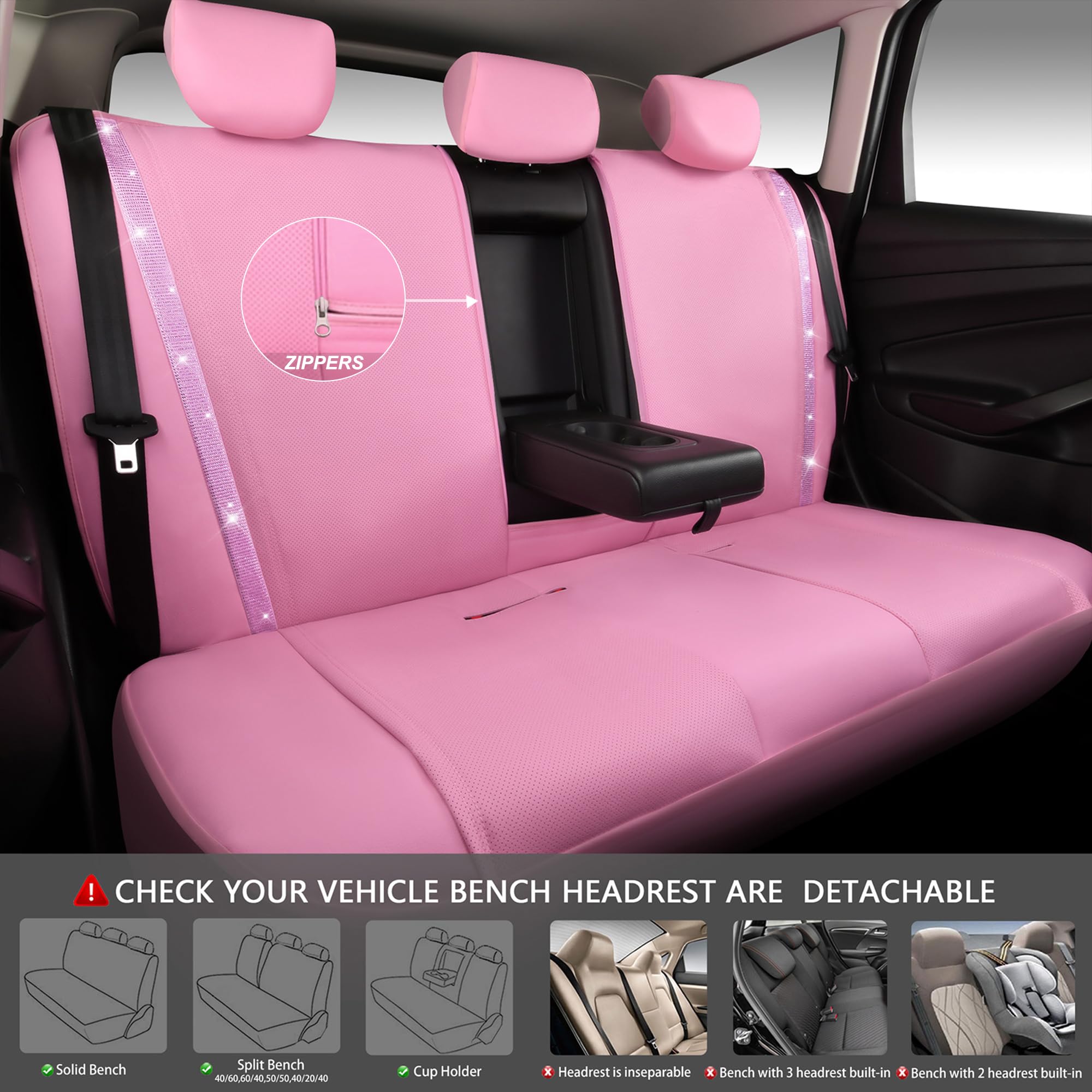 CAR PASS Bling Car Seat Covers Full Set, Pink Faux Leather, Waterproof, Universal Fit, Model zt-003L5-PK1QZ-PULB5NH22G