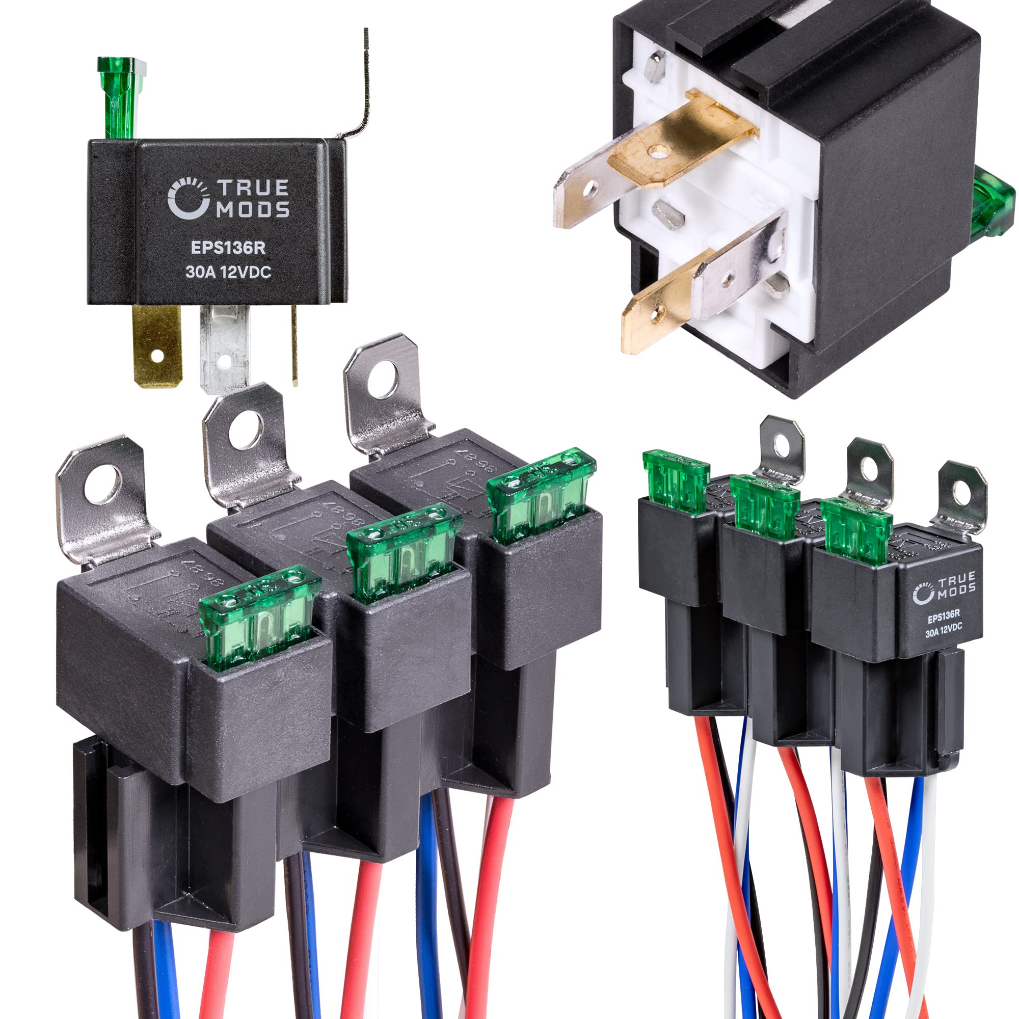 TRUE MODS 6 Pack 4-Pin 12V Bosch Style Fused Relay Switch Kit [Interlocking Harness Socket Holder] [14 AWG Hot Wires] [SPST] [30