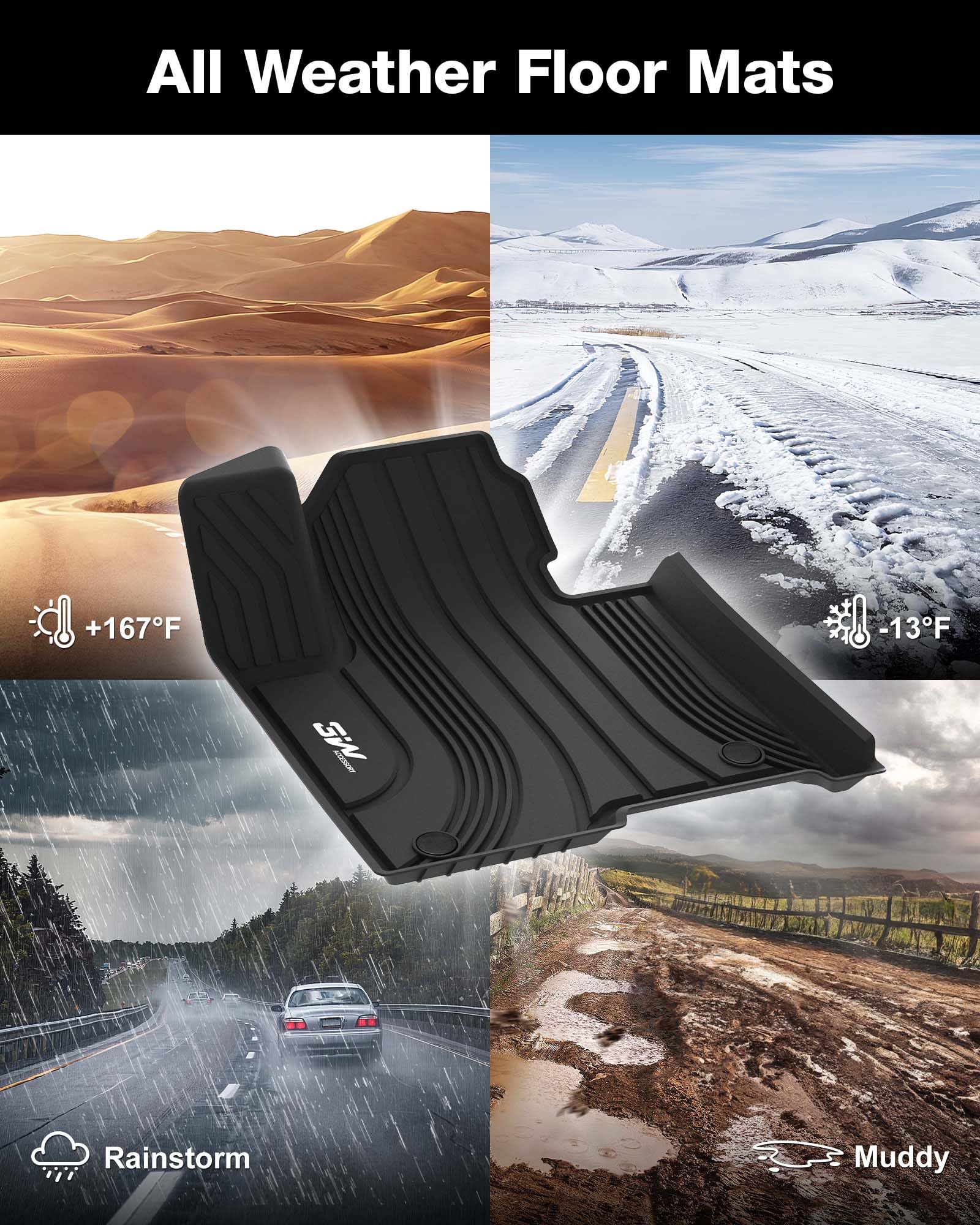 3W All Weather Floor Mats for Kia Sorento Hybrid 2021-2025, TPE, Anti-Slip, Black, Custom Full Set Liners